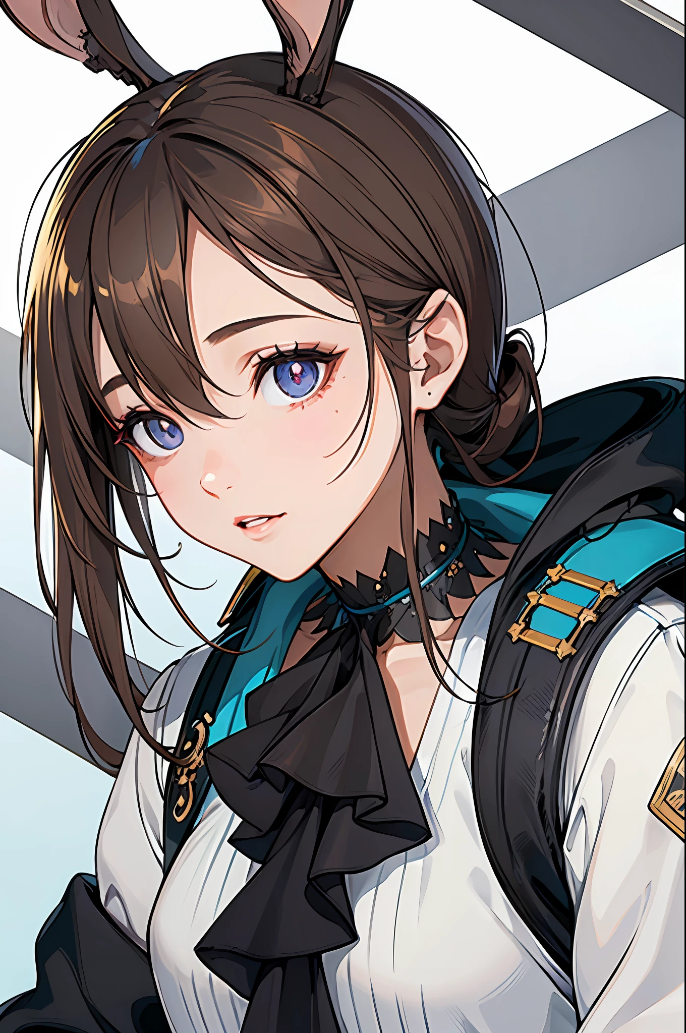 amiya, (masterpiece, best quality:1.2), photorealistic, sophisticated, 1girl, upper body, delicate face, detailed eyes, sharp pupils, realistic pupils, facelight, real skin, firm skin, ultra detailed, depth of field, bokeh