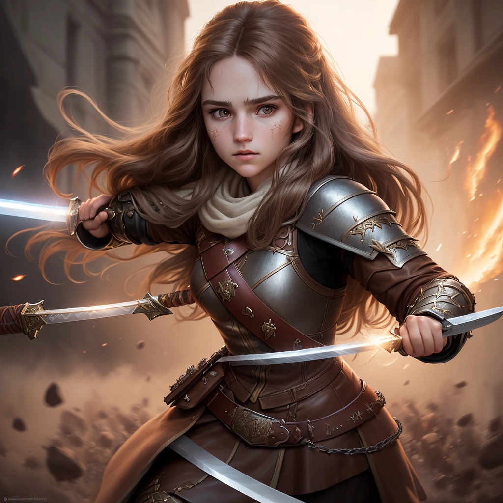 (movie poster, female warrior, long brown hair, exquisite face, wielding long sword, Hermione, leather gear, rich details, complex details, volumetric lighting, 4K rendering, hyperrealistic, lifelike texture.)