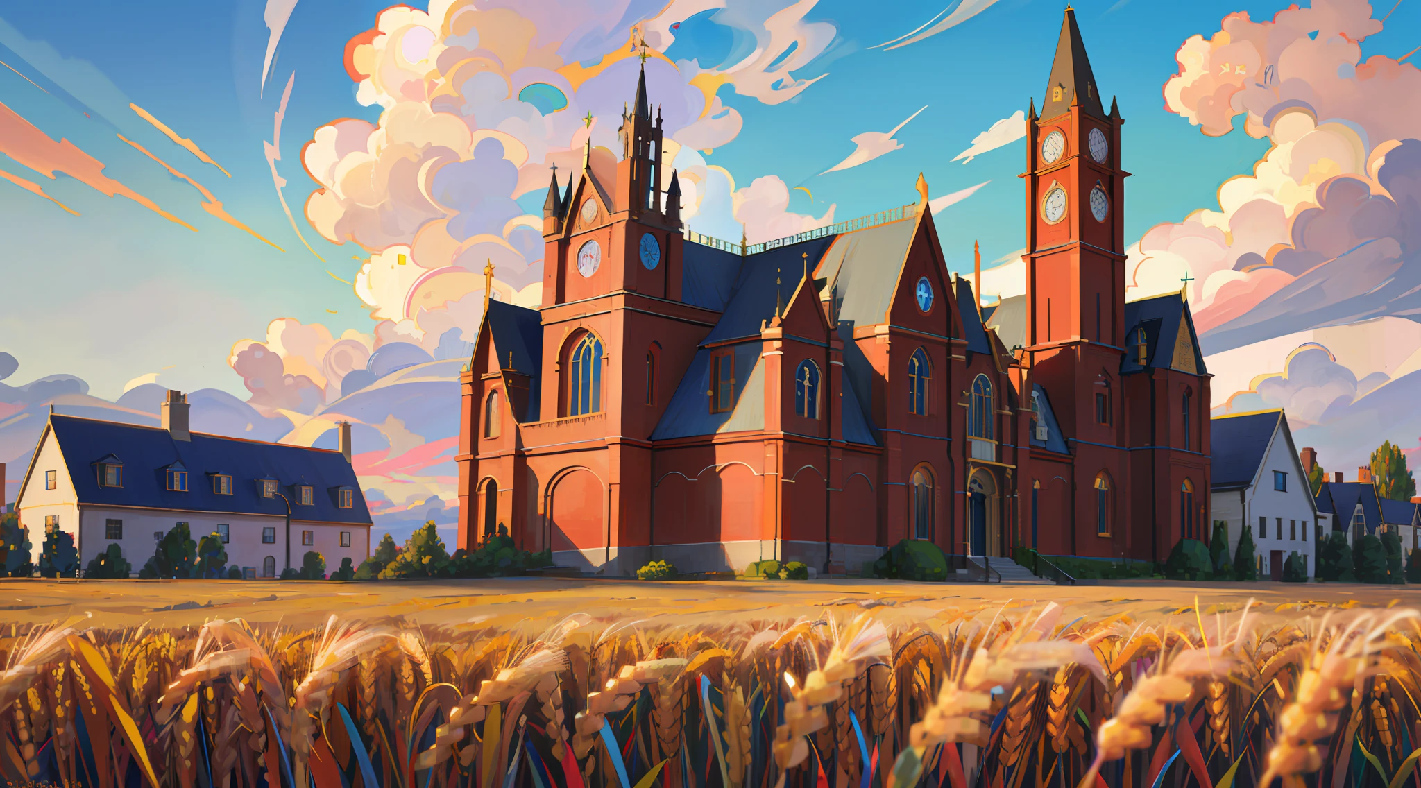 super resolution, super detailed, ultra detailed, masterpiece, best quality, wheat landscape, sun, clouds, house, victorian town, (((((sci-fi)))))