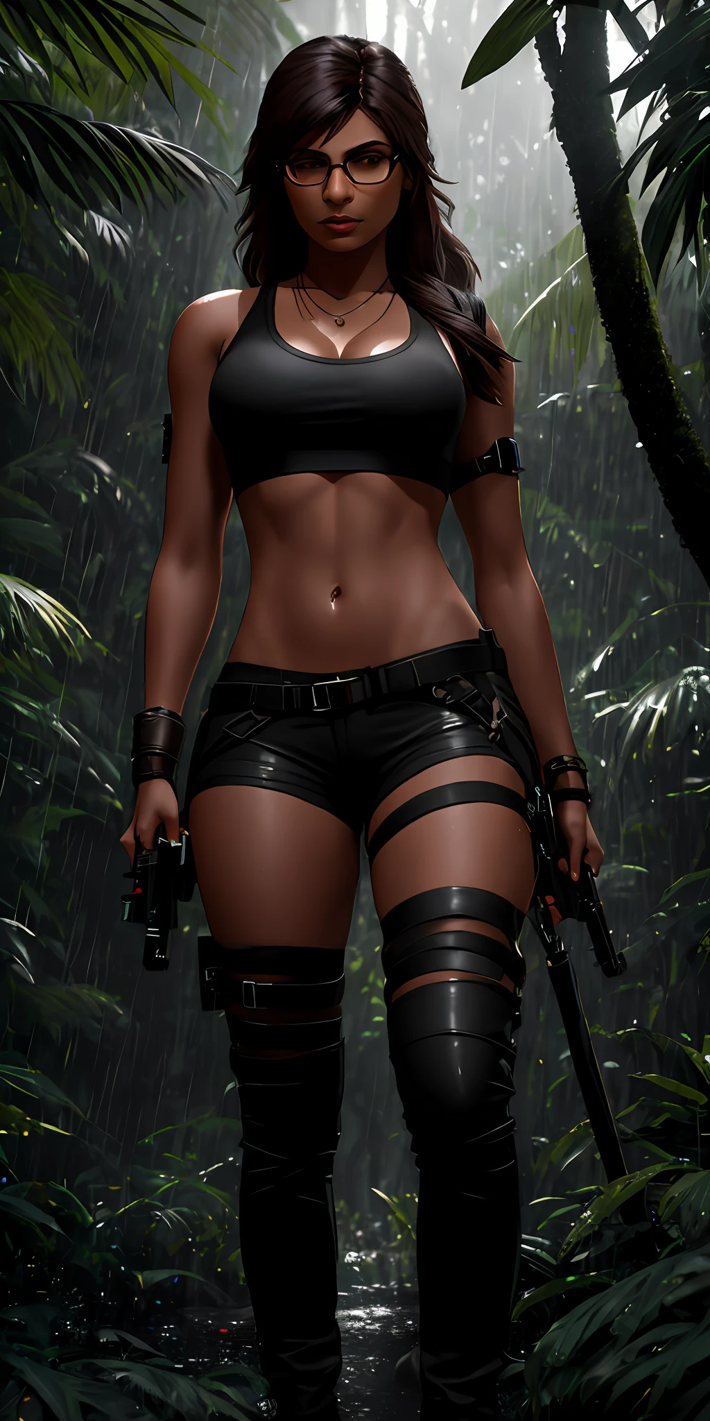 A jungle, with intense rainfall, monochromatic, vines all around, giant and wet trees, masterpiece, best quality, high quality, extremely detailed CG unity 8k wallpaper, oil paiting, award winning photography, Bokeh, Depth of Field, HDR, bloom, Chromatic Aberration ,Photorealistic,extremely detailed, trending on artstation, trending on CGsociety, Intricate, High Detail, dramatic, art by midjourney, volumetric lighting, Mia Khalifa standing middle with Tomb Raider clothes
