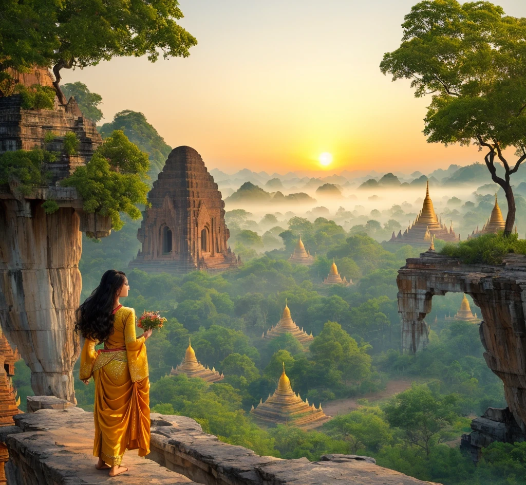 (extremely detailed CG unity 8k wallpaper,masterpiece, best quality, ultra-detailed),(best illumination, best shadow, an extremely delicate and beautiful),(wide shot),(sunset),(golden light),(Myanmar traditional costume:1.3),(beautiful woman),(black hair:1.2|brown hair:1.1),(long hair),(ornaments),(flawless skin),(slight smile),(looking back),(emerald green tropical forest),(winding river),(breathtaking landscape)