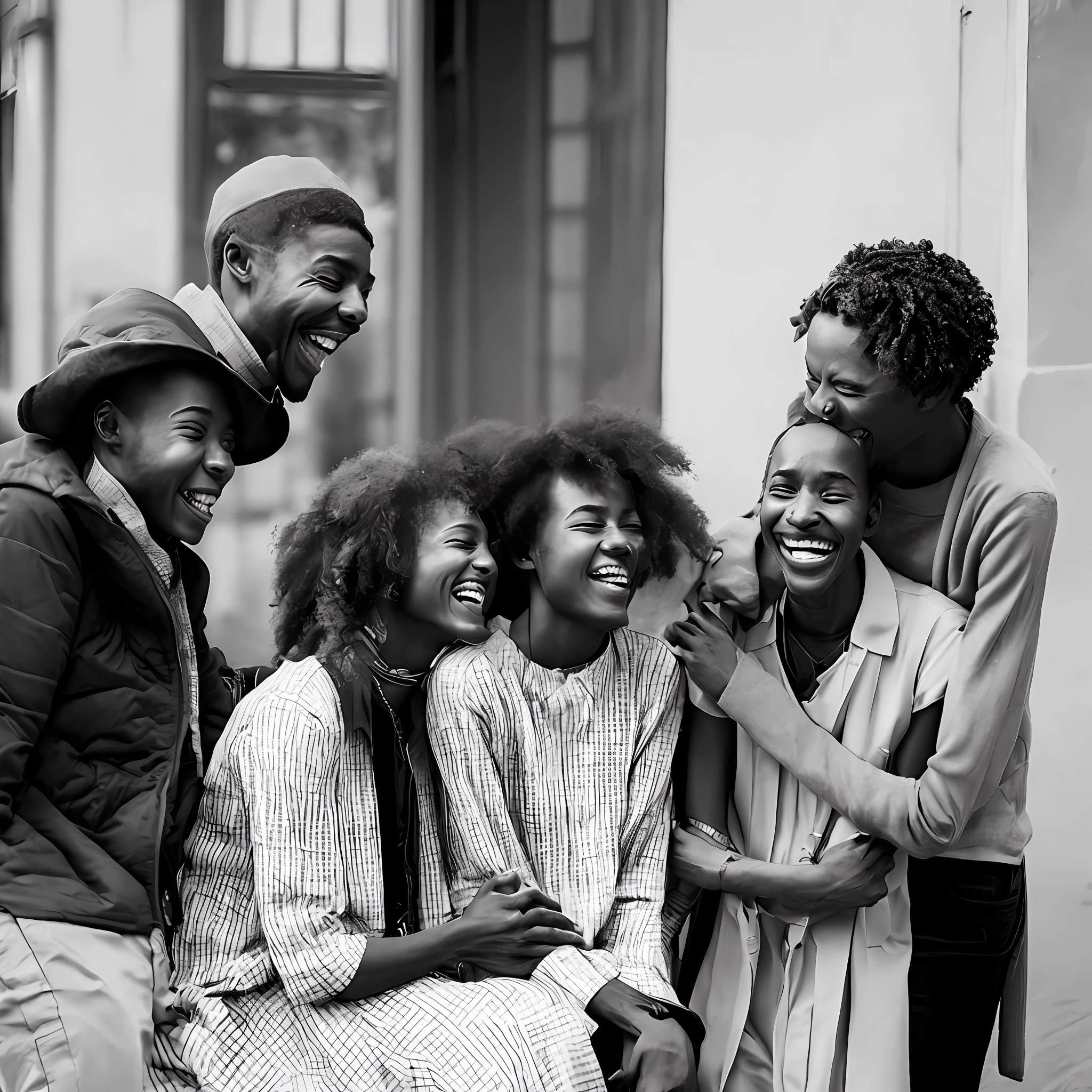(best quality, exquisite composition) a heartwarming group of friends, laughing and interacting, with an emphasis on diversity, captured in a natural and spontaneous moment, high resolution, small group, four people