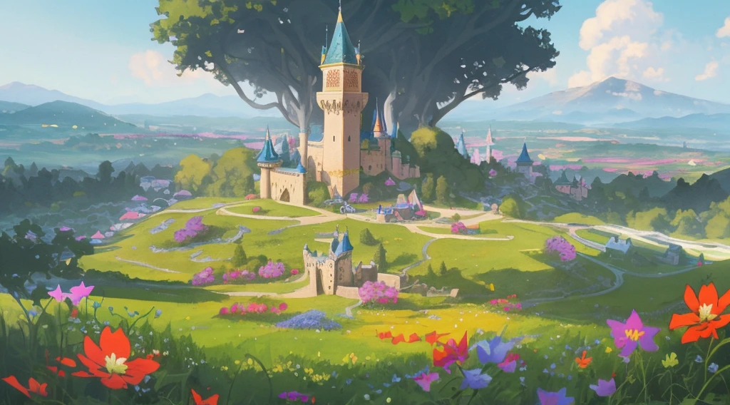 there is a painting of a castle on a hill with a tree, whimsical fantasy landscape art, silvain sarrailh, magical castle school on a hill, fairytale artwork, 4 k detail fantasy, beautiful render of a fairytale, childrens art in artstation, fairy-tale illustration style, disney concept art, fairy tale style background, magical fantasy 2 d concept art