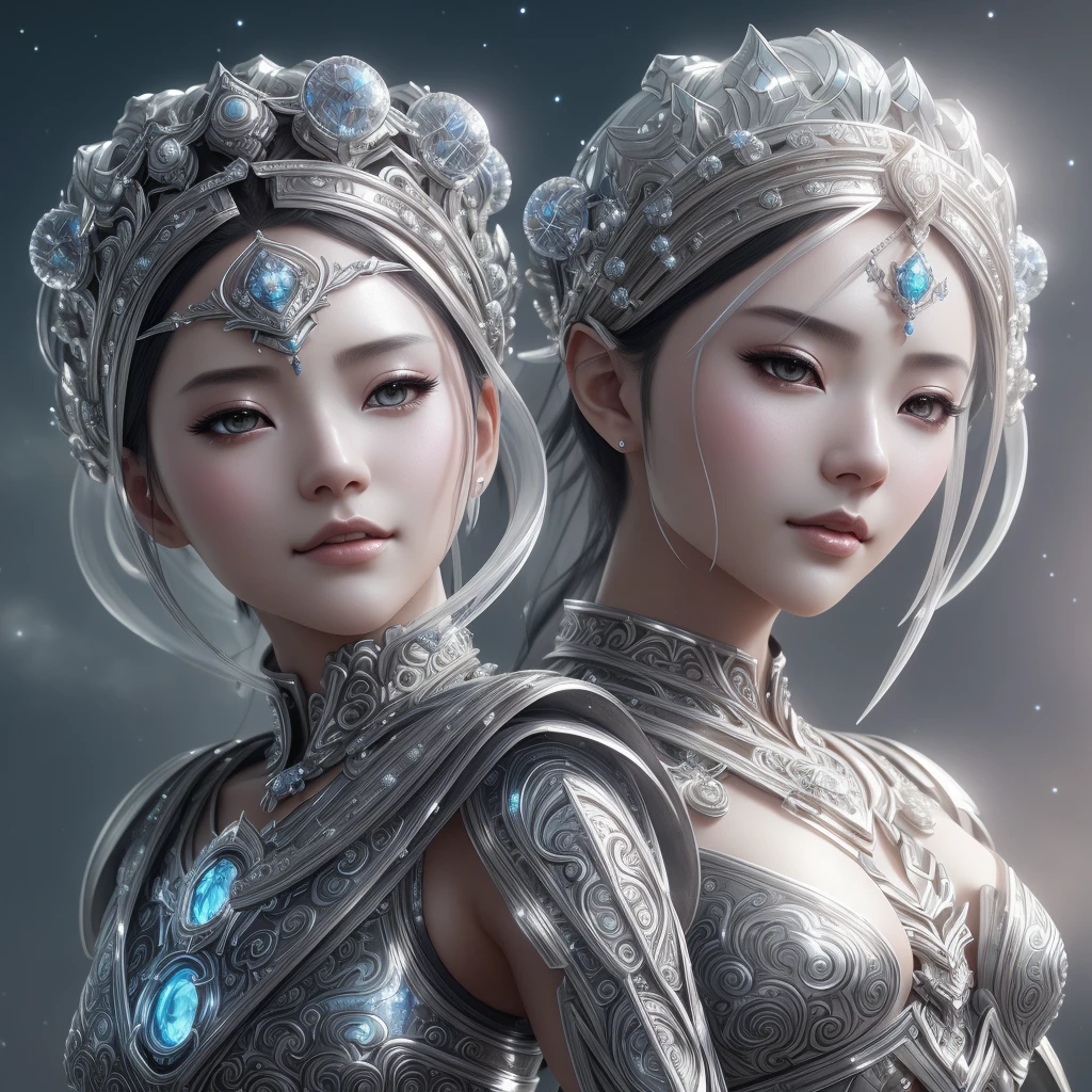 two women in silver costumes with blue jewels on their heads, beautiful sci - fi twins, cgsociety and fenghua zhong, chengwei pan on artstation, stunning cgsociety, highly detailed cgsociety, digital fantasy art ), detailed fantasy digital art, cgsociety 9, cgsociety uhd 4k highly detailed, wlop and ross tran, high definition cgsociety