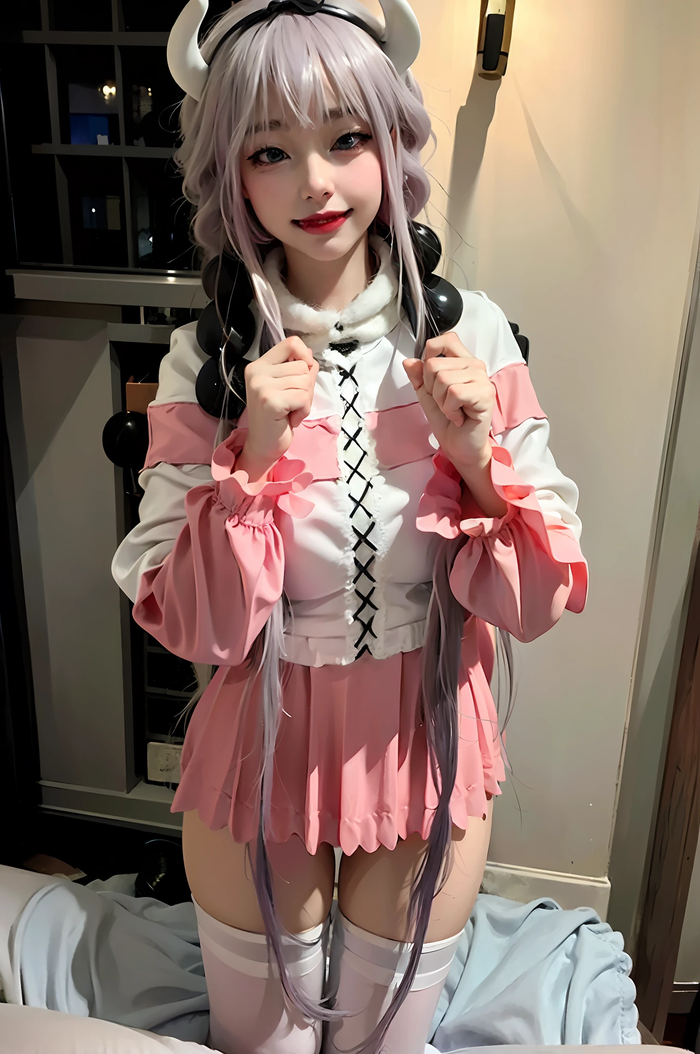 (Highly detailed CG unity 8k wallpaper), (Masterpiece), (Highest quality), (Portrait), (Highest illustration), (Highest shadow), (Realistic:1.4), 1girl on street, Kpop idol, ((Very over Size sweater, button sweater, open sweater), (gray hair: 1.1), collarbone, (middle chest: 1.3), viewer, smile, full body, (latex clothes, latex stockings, coquettish smile, clothes smooth texture) ,{latex swimsuit},