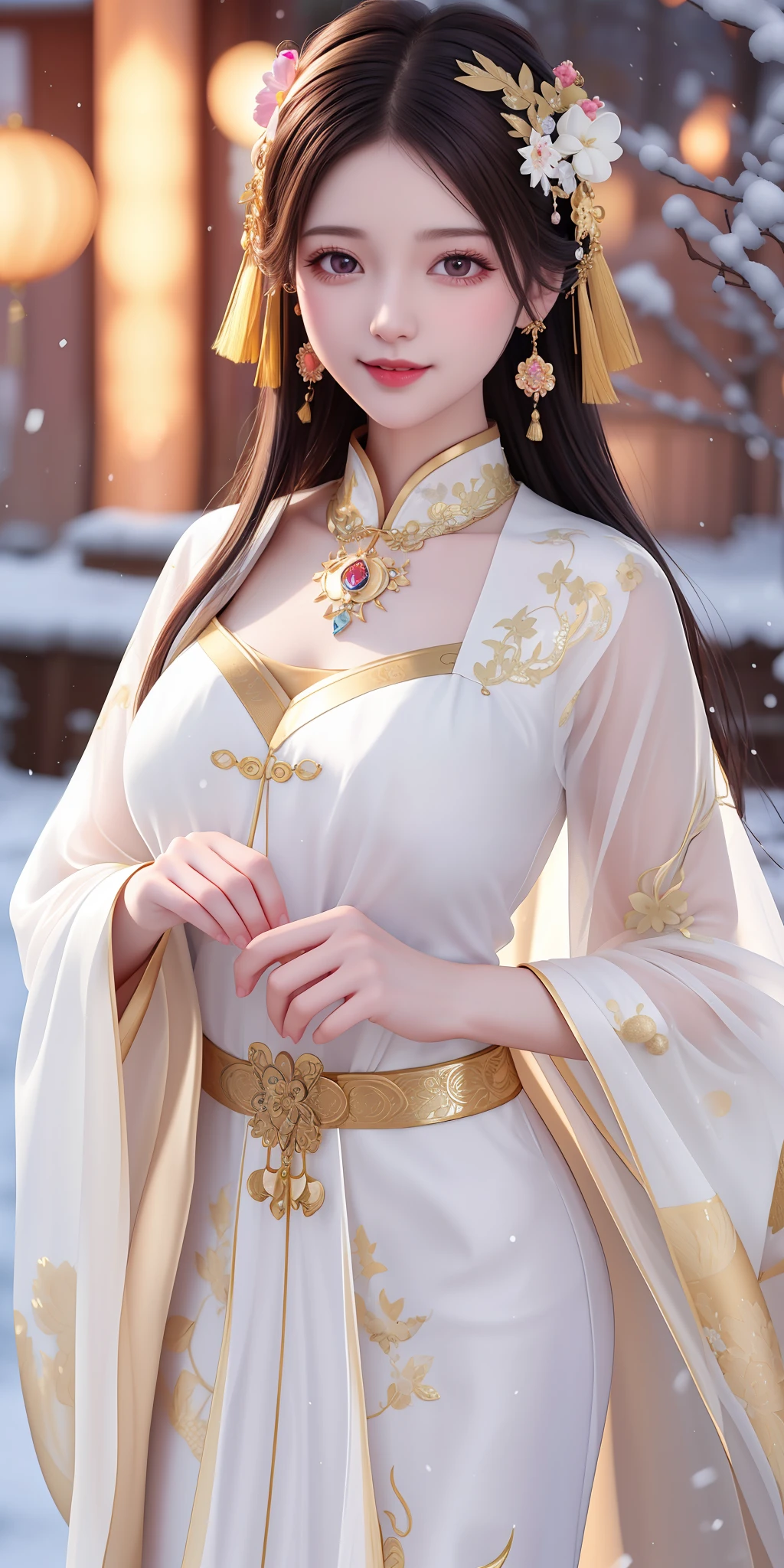 best quality, masterpiece, highres, 1girl, transparent silk china dress, cotton robe, hair ornament, smile, closed mouth,lips, dress,hair ornament, necklace, jewelry, chinese clothes, long hair, earrings, detailed beautiful eyes,detailed eyelash, Beautiful face,upon_body, tyndall effect,photorealistic, rim lighting, two tone lighting,(high detailed skin:1.2), 8k uhd, dslr, soft lighting, high quality, volumetric lighting, candid, Photograph, high resolution, 4k, 8k, Bokeh, in garden, falling snow, winter, (gigantic breasts:0.25)