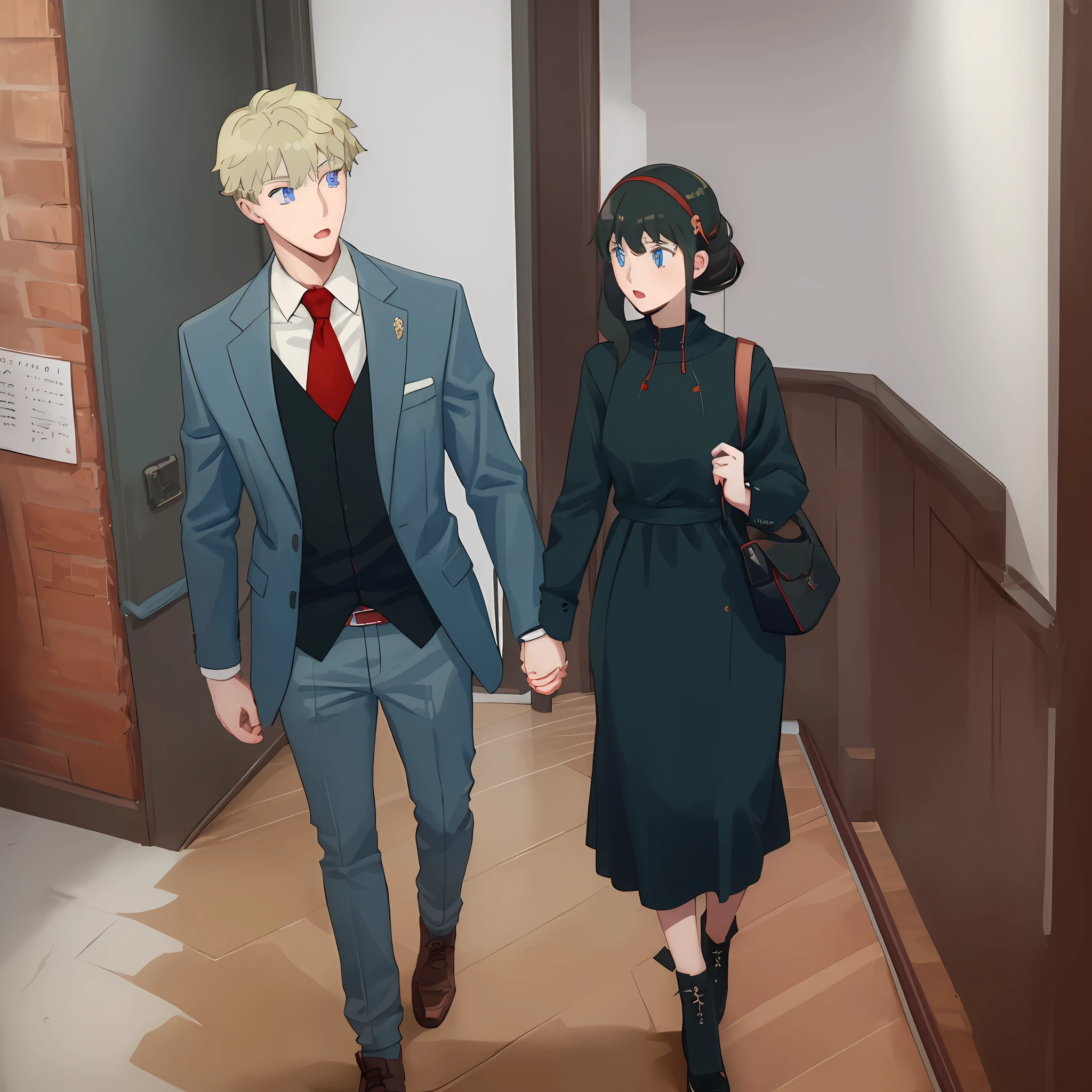 1 boy, 1girl, holding hands ,red eyes girl ,blue eyes boy