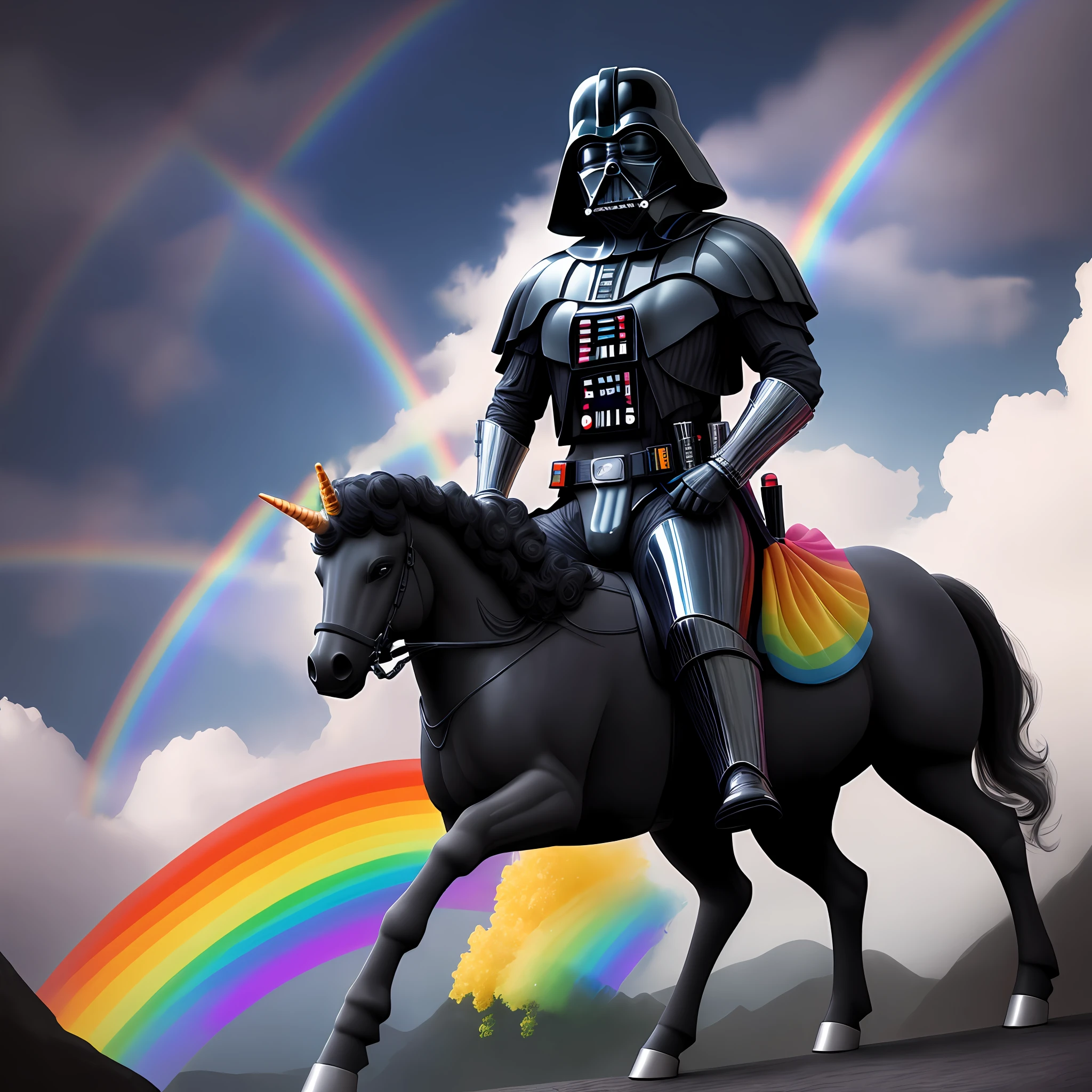 Darth Vader riding a unicorn with rainbows in the background