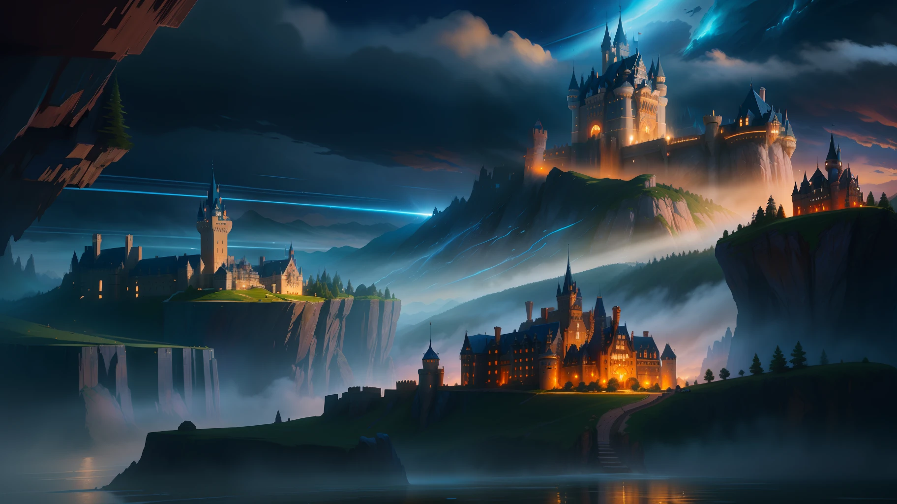 there is a castle on a cliff with a lake in front of it, epic castle with tall spires, high fantasy castle, inspired by Andreas Rocha, andreas rocha style, fantasy castle, medieval fantasy landscape, fantasy art behance, bussiere rutkowski andreas rocha, epic fantasy digital art style, magical castle, inspired by sylvain sarrailh