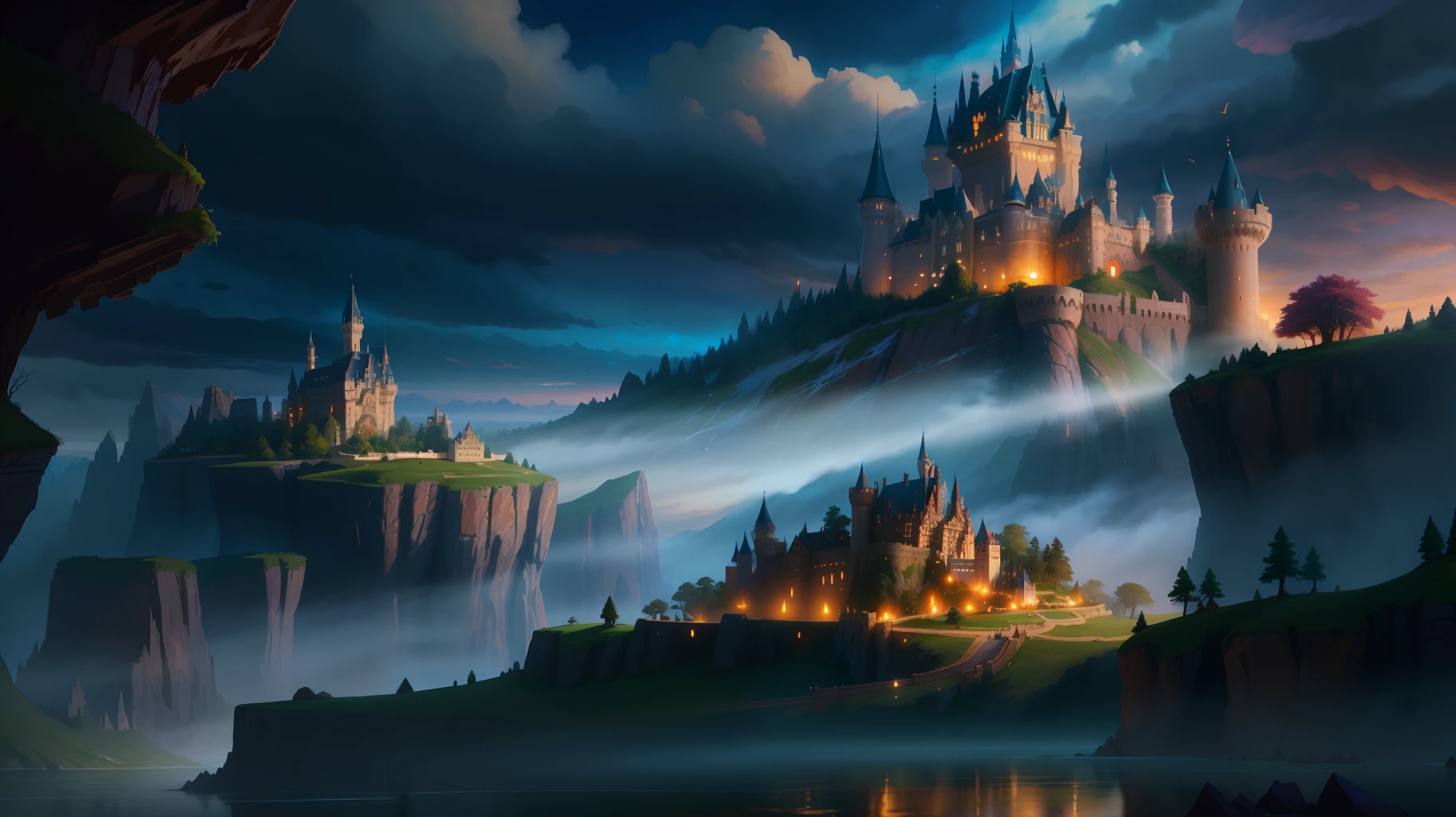 there is a castle on a cliff with a lake in front of it, epic castle with tall spires, high fantasy castle, inspired by Andreas Rocha, andreas rocha style, fantasy castle, medieval fantasy landscape, fantasy art behance, bussiere rutkowski andreas rocha, epic fantasy digital art style, magical castle, inspired by sylvain sarrailh