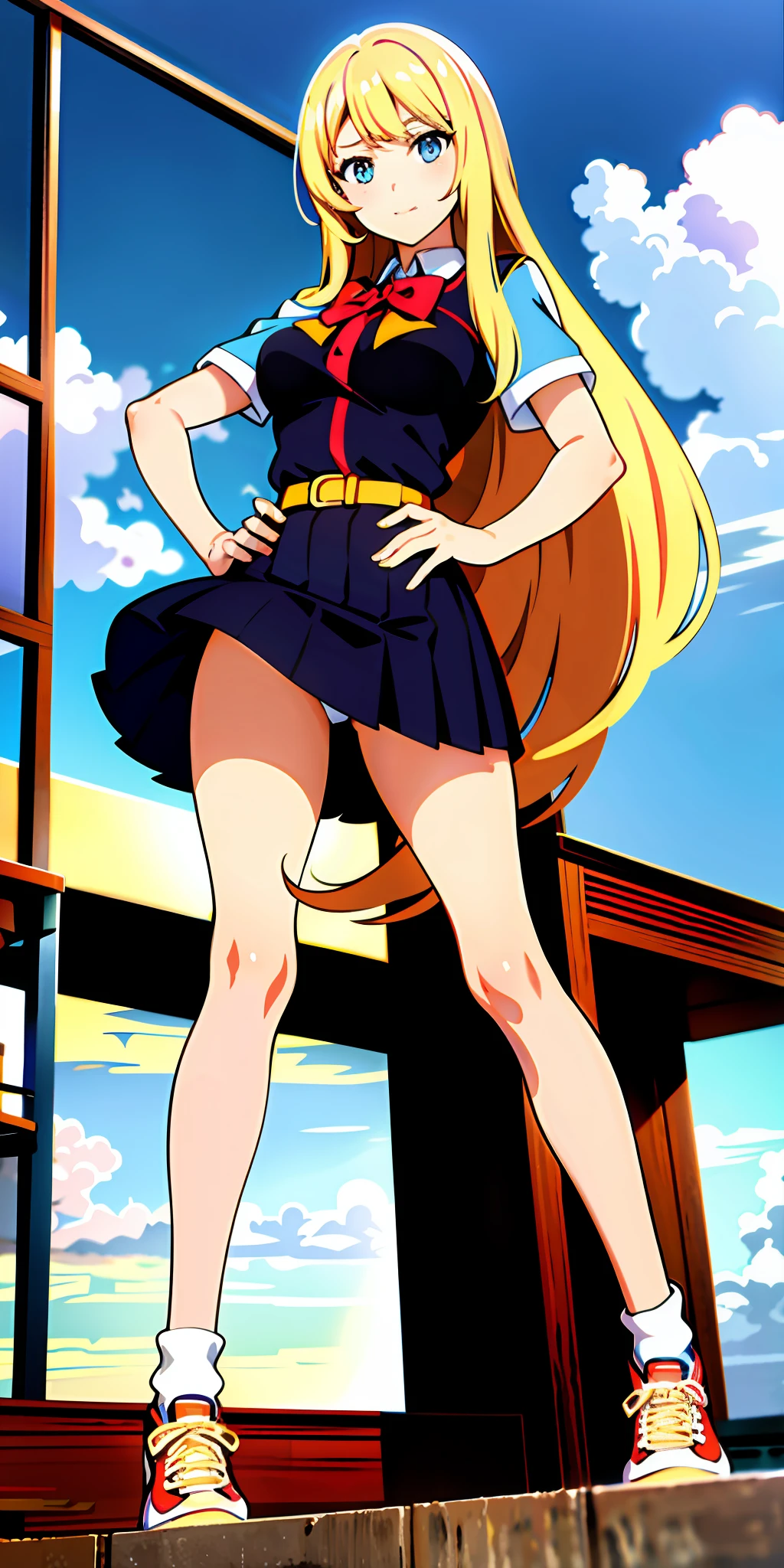 masterpiece, best quality, upper body, 1girl, high school uniform, bare legs, matching socks, matching shoes, medium breasts, stand, standing, school backdrop, hand on hip, blonde hair, long hair