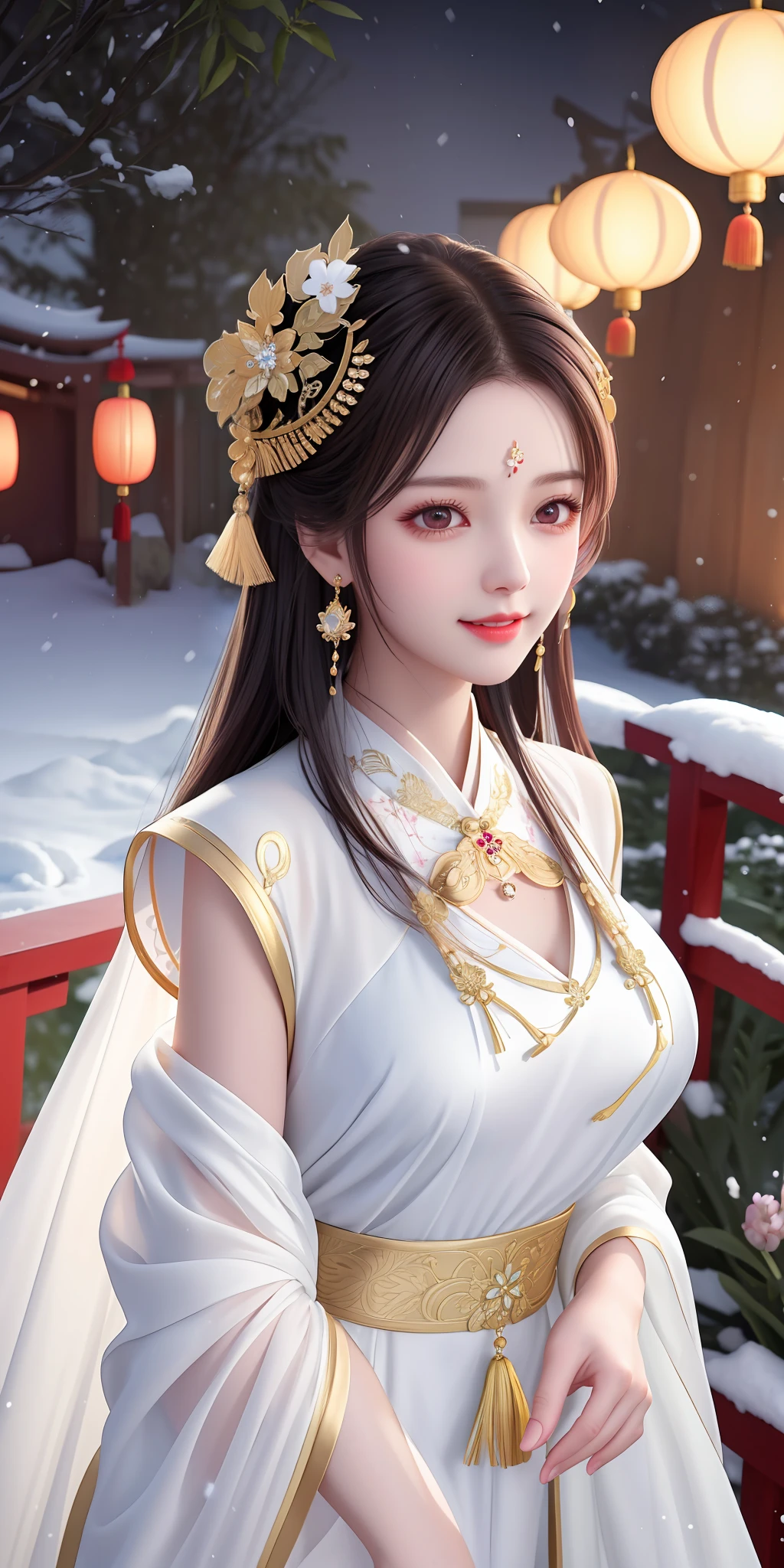 best quality, masterpiece, highres, 1girl, transparent silk china dress, cotton robe, hair ornament, smile, closed mouth,lips, dress,hair ornament, necklace, jewelry, chinese clothes, long hair, earrings, detailed beautiful eyes,detailed eyelash, Beautiful face,upon_body, tyndall effect,photorealistic, rim lighting, two tone lighting,(high detailed skin:1.2), 8k uhd, dslr, soft lighting, high quality, volumetric lighting, candid, Photograph, high resolution, 4k, 8k, Bokeh, in garden, falling snow, winter, (gigantic breasts:0.75)