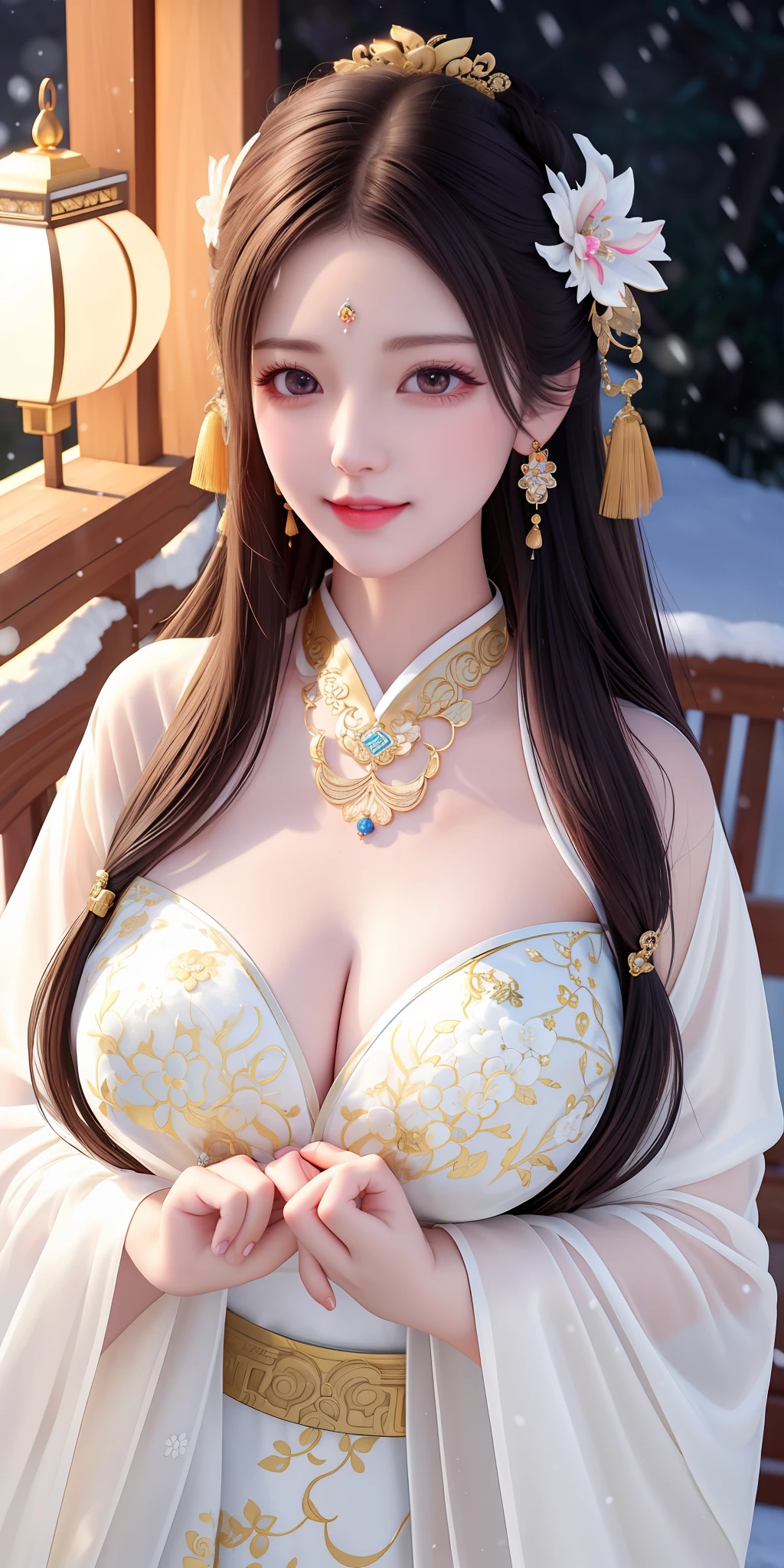 best quality, masterpiece, highres, 1girl, transparent silk china dress, cotton robe, hair ornament, smile, closed mouth,lips, dress,hair ornament, necklace, jewelry, chinese clothes, long hair, earrings, detailed beautiful eyes,detailed eyelash, Beautiful face,upon_body, tyndall effect,photorealistic, rim lighting, two tone lighting,(high detailed skin:1.2), 8k uhd, dslr, soft lighting, high quality, volumetric lighting, candid, Photograph, high resolution, 4k, 8k, Bokeh, in garden, falling snow, winter, (gigantic breasts:1)