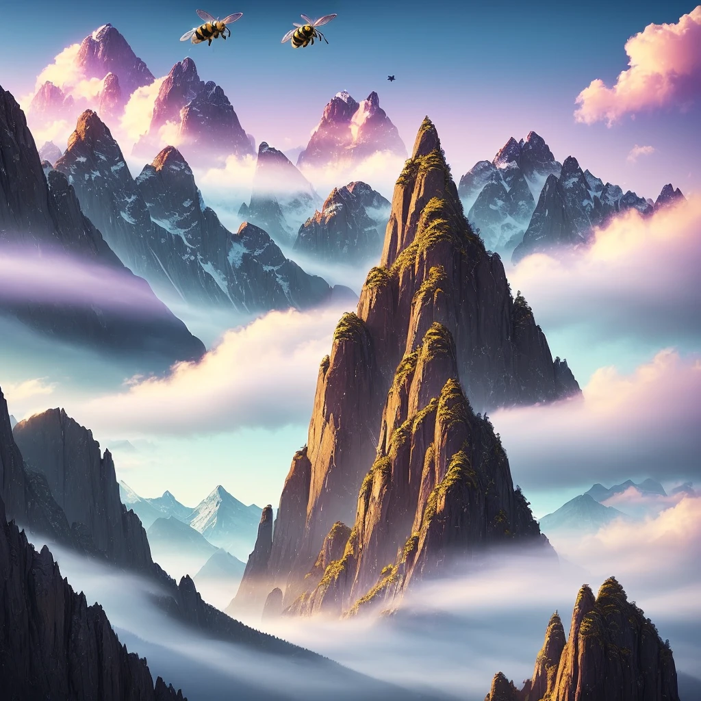(giant bee+insect:1.3),((mountain landscape)|(majestic mountain range)),(magical+fantasy:1.2),(purple+blue sky),cloud formation, (sunset colors:0.9),faded colors, (misty+ethereal:1.2)