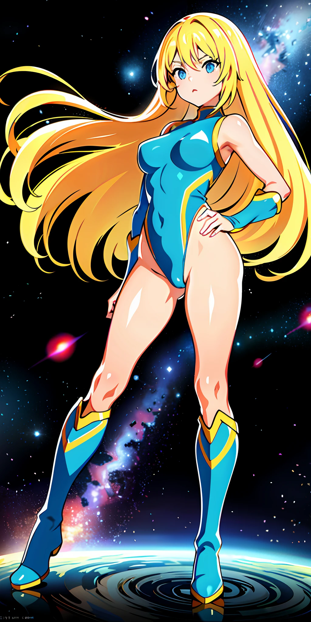 masterpiece, best quality, upper body, 1girl, superhero, leotard, bare legs, boots, matching boots, medium breasts, light particles, aura, blue aura, stand, standing, highleg, space backdrop, hand on hip, blonde hair, long hair