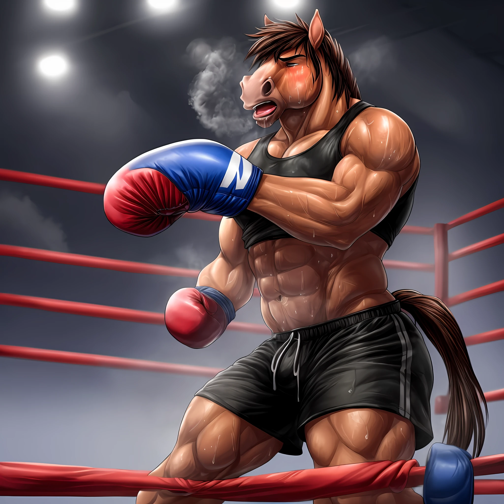 "An athletic male anthro horse, with correct anatomy, is seen collapsing onto his knees and arms, exhausted and panting, with steam rising from his breath and sweat dripping down his body. He is wearing shorts and boxing gloves, standing in the boxing ring, completely solo."