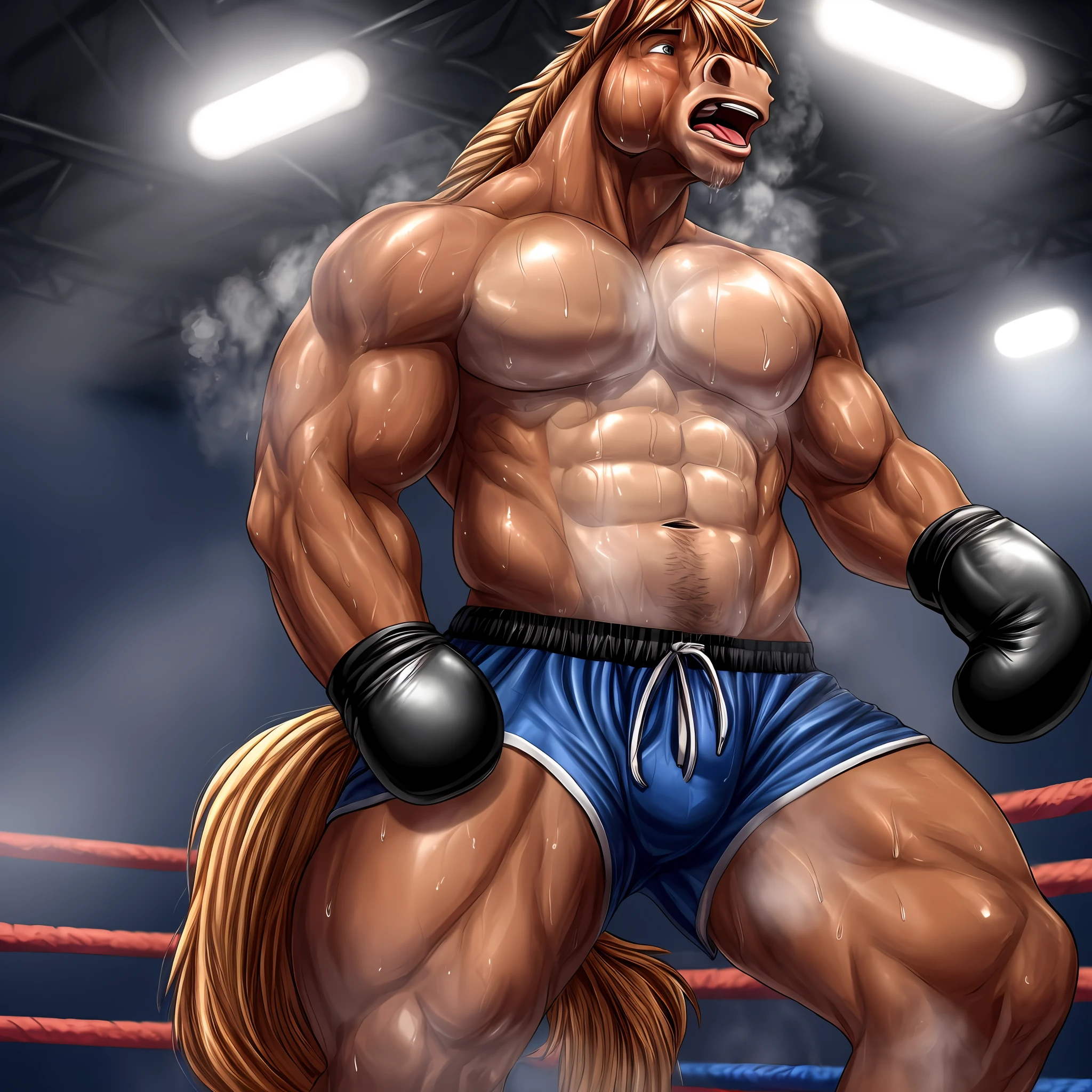 "An athletic male anthro horse, with correct anatomy, is seen collapsing onto all four, exhausted and panting, with steam rising from his breath and sweat dripping down his body. He is wearing shorts and boxing gloves, standing in the boxing ring, completely solo."