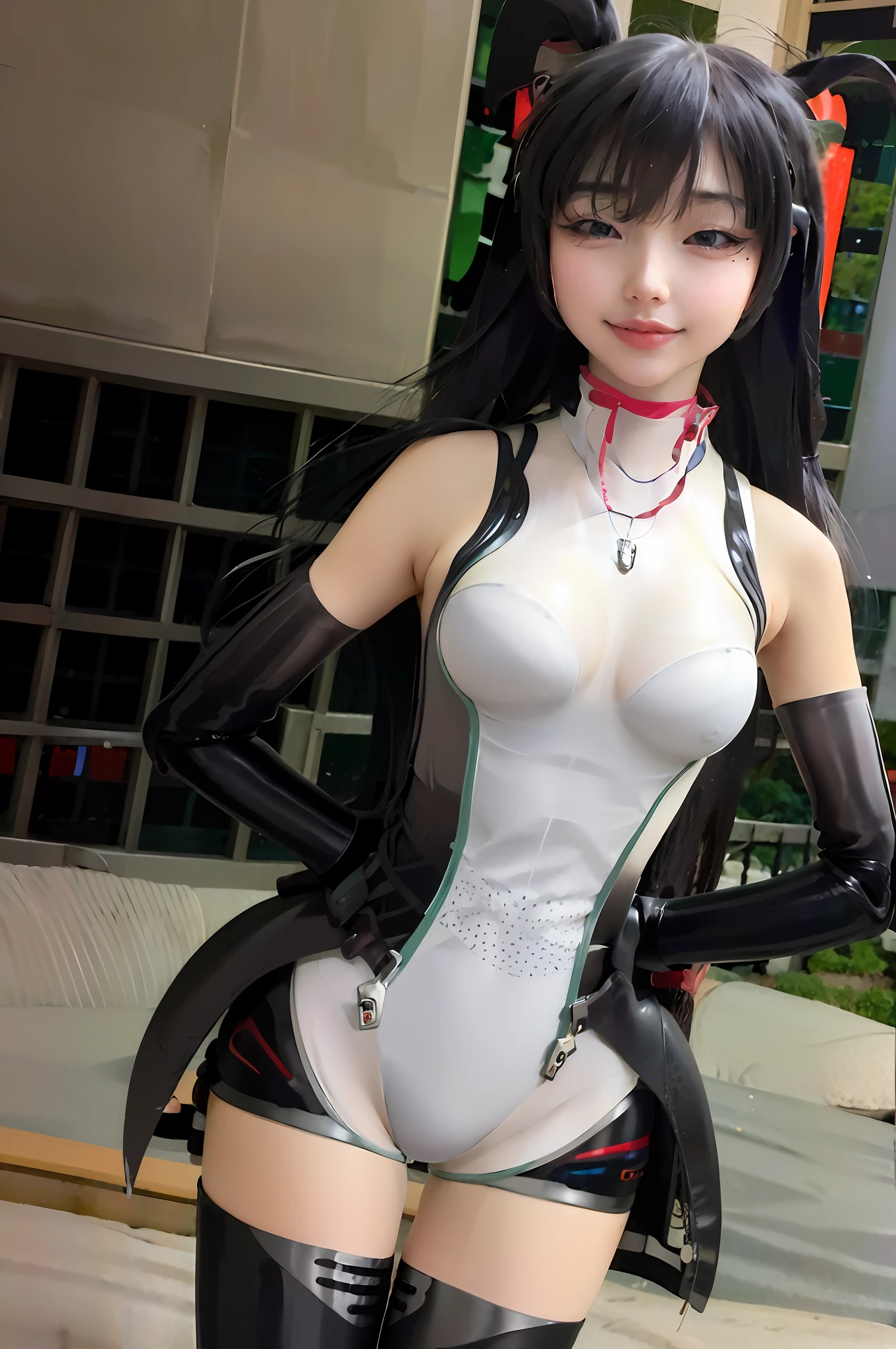 (Highly detailed CG unity 8k wallpaper), (Masterpiece), (Highest quality), (Portrait), (Highest illustration), (Highest shadow), (Realistic:1.4), 1girl on street, Kpop idol, ((Very over Size sweater, button sweater, open sweater), (gray hair: 1.1), collarbone, (middle chest: 1.3), viewer, smile, full body, (latex clothes, latex stockings, coquettish smile, clothes smooth texture) ,{latex swimsuit},