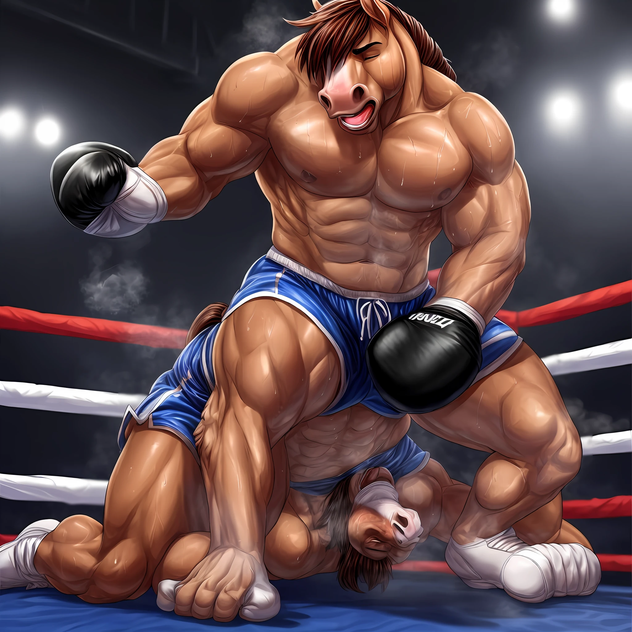 male anthro horse, athletic build, correct anatomy, collapsed on his kneels, bend down, exhausted and panting steaming breath, sweaty, swat drpping, shorts, boxing gloves, in the boxing ring, solo