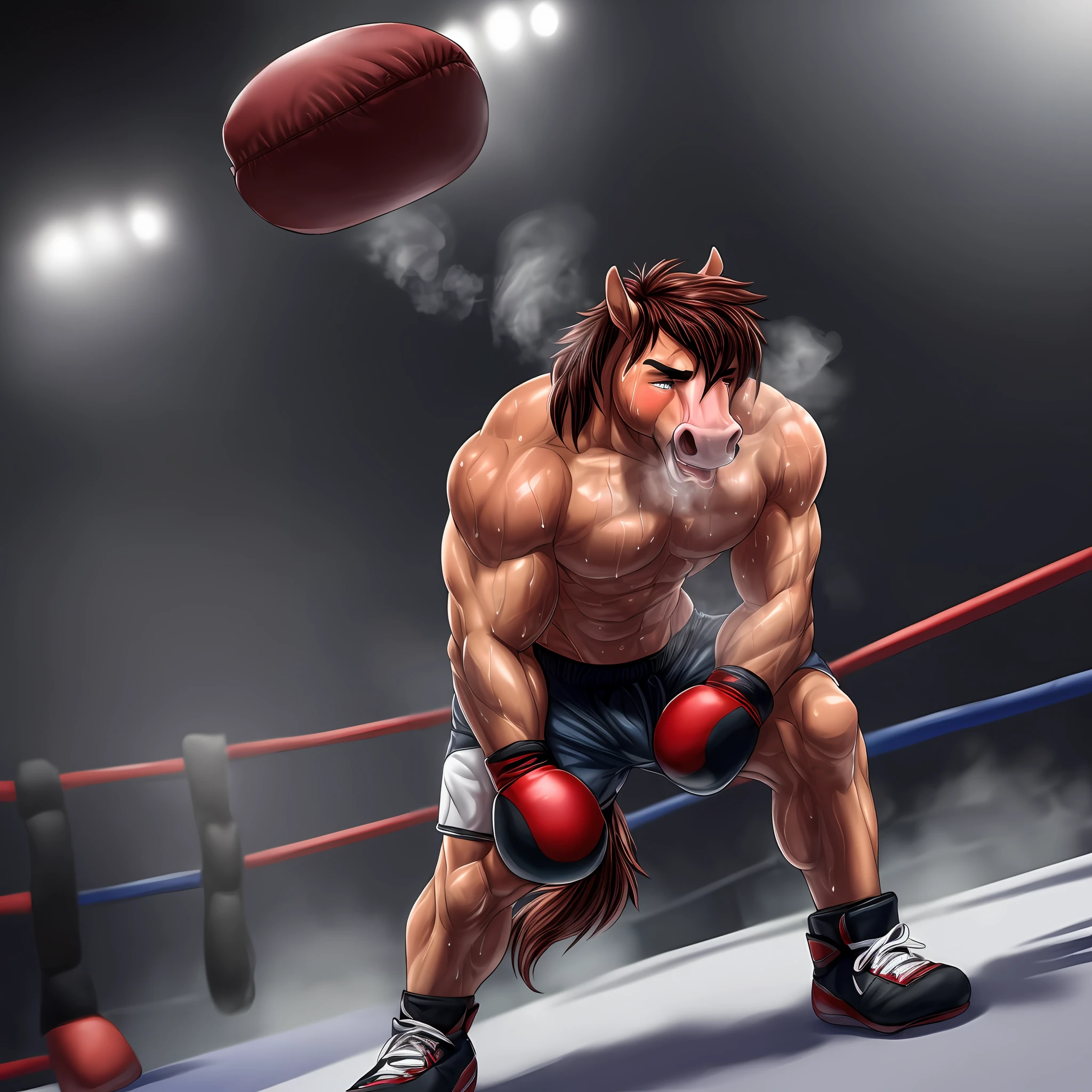 (athletic build, correct anatomy) male anthro horse, (exhausted and panting, sweaty and swat dropping, steaming breath),(boxing gloves, shorts) collapsed on his knees and bending down in the boxing ring, strikingly vulnerable and alone.