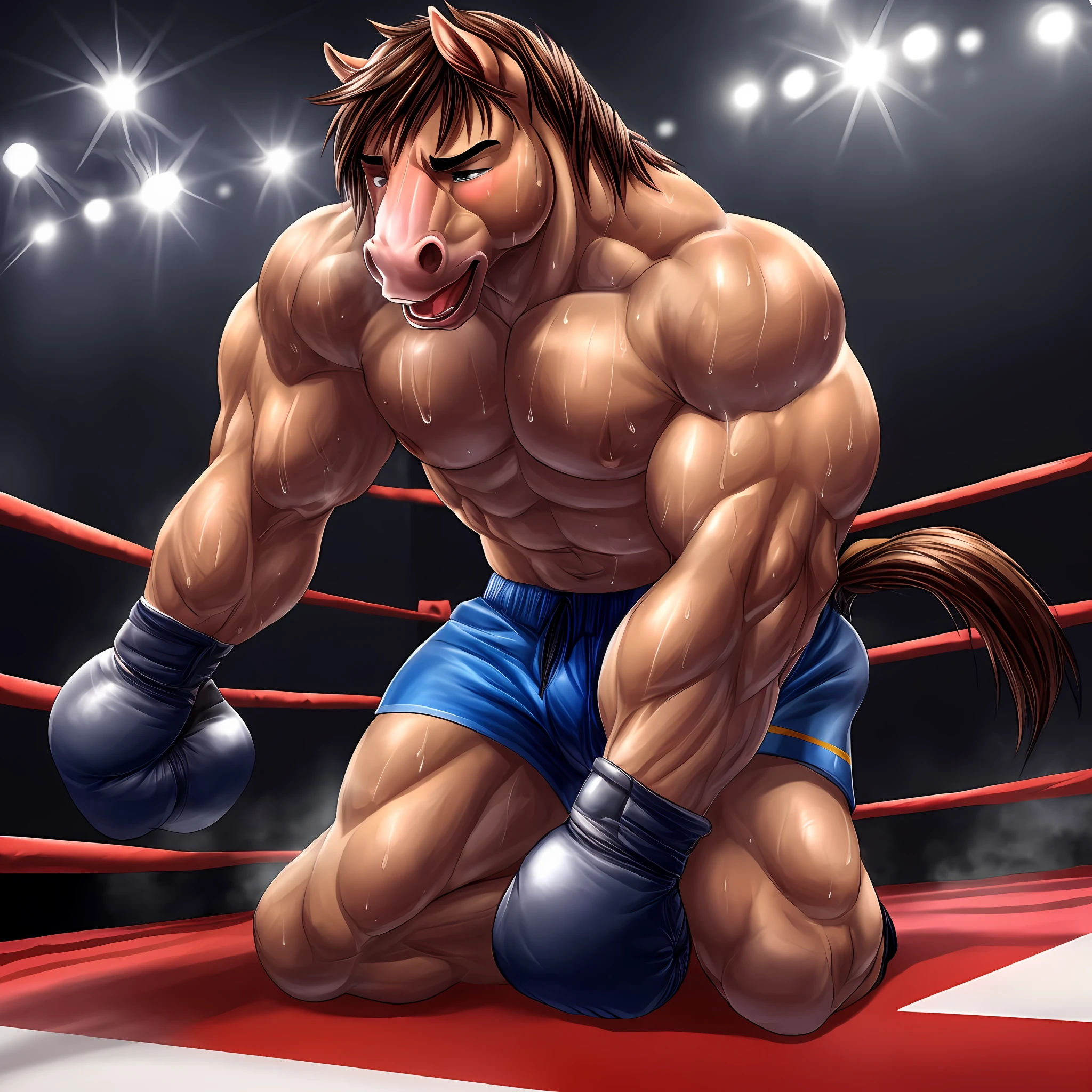 male anthro horse, muscle, athletic build, correct anatomy, collapsed, bend down, exhausted and panting steaming breath, sweaty, swat drpping, shorts, boxing gloves, in the boxing ring, solo