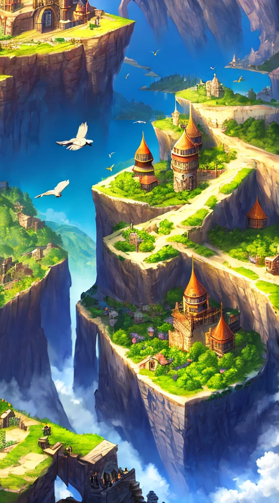 medieval kingdom. sunny morning. 8k resolution. ratio 3:2. very high drawing skills. bird's eye viewpoint. very stunning view. amazing light effects. thick medieval fantasy illustrations. very large area.