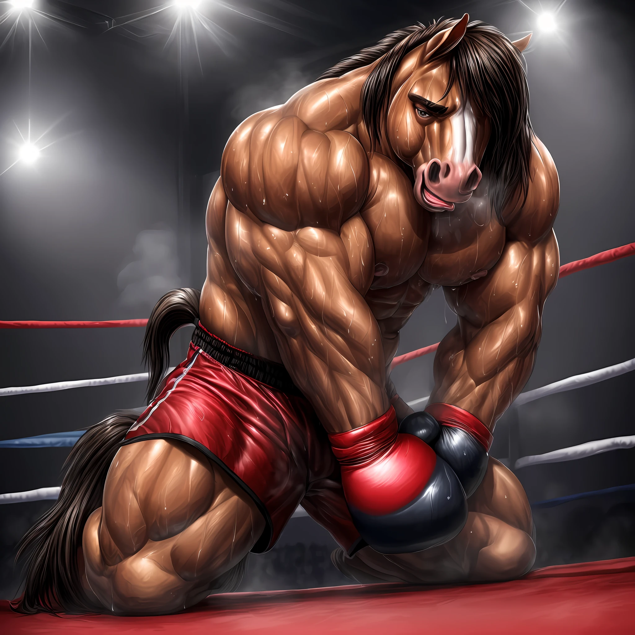 (extremely detailed and realistic masterpiece of an) ((male anthro horse)) with (massive muscles) and (athletic build), featuring (correct anatomy) and (detailed sweat droplets) glistening and emphasized, (collapsed and bent down) with an (exhausted and panting steamy breath). He's wearing (boxing gloves) and (shorts), kneeling alone in the (boxing ring) showcasing his (hard work and dedication).