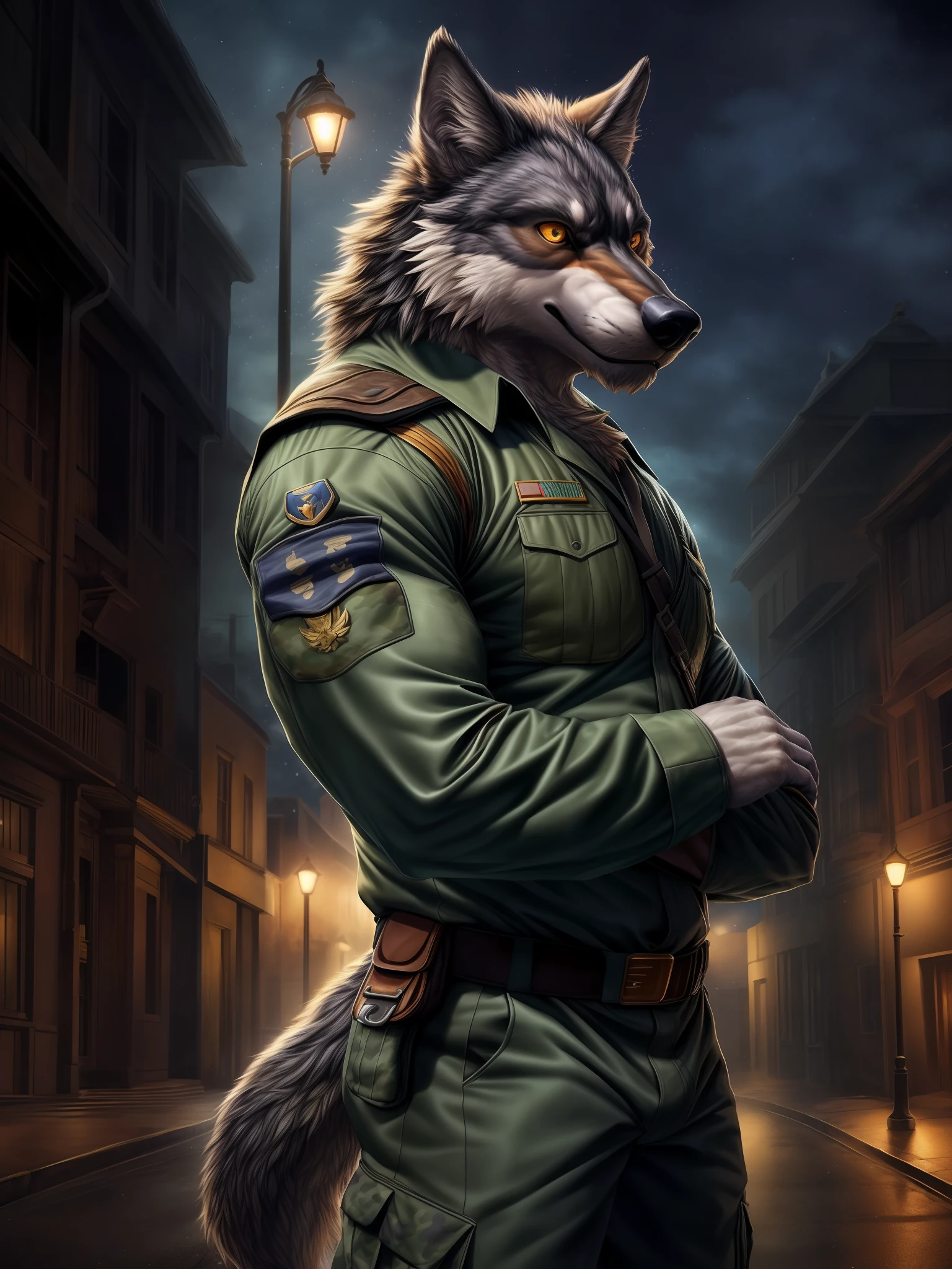 solo, (middle-aged male), (muscular,rascal mustache), shaman, (male anthro wolf):1.3, black body, white belly, (standing):1.3, (kemono:1.4) (praying):1.23, (detailed camo costume, soldier uniform, grass green Pattern: 1.2), detailed eyes, wolf tail, wolf ears, ((bust portrait)), (detailed eyes, golden eyes,): 1.1, (outdoor: 1.35), wind, street lights, street, stars, night , (particles, scattered letters, orange glow): 1.3, detailed background, realistic, realistic hands, 8k hd, (dark shadows, wide dynamic range, hdr, low light: 1.2)