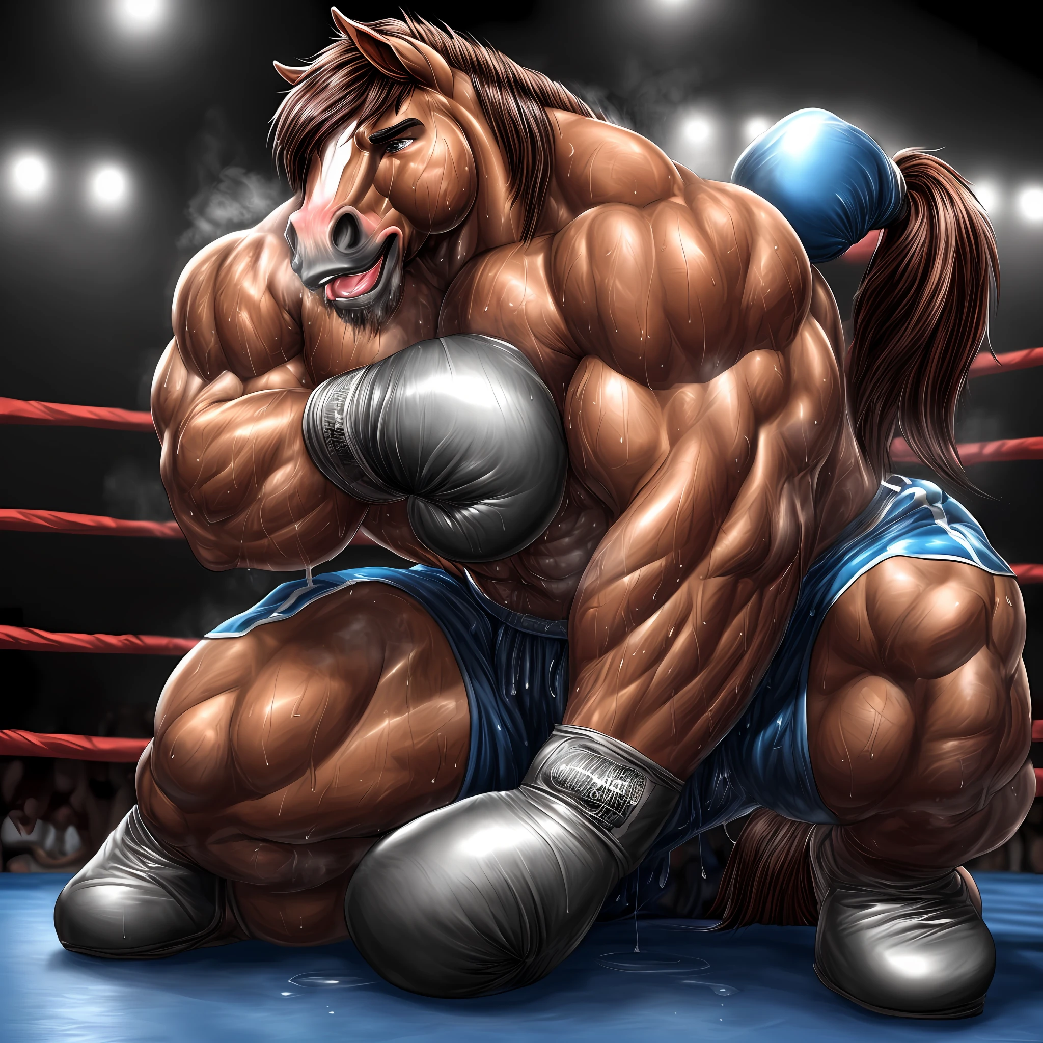 (extremely detailed and realistic masterpiece of an) ((male anthro horse)) with (massive muscles) and (athletic build), featuring (correct anatomy) and (detailed sweat droplets) glistening and emphasized, (collapsed and bent down) with an (exhausted and panting steamy breath). He's wearing (boxing gloves) and (shorts), kneeling alone in the (boxing ring) showcasing his (hard work and dedication).