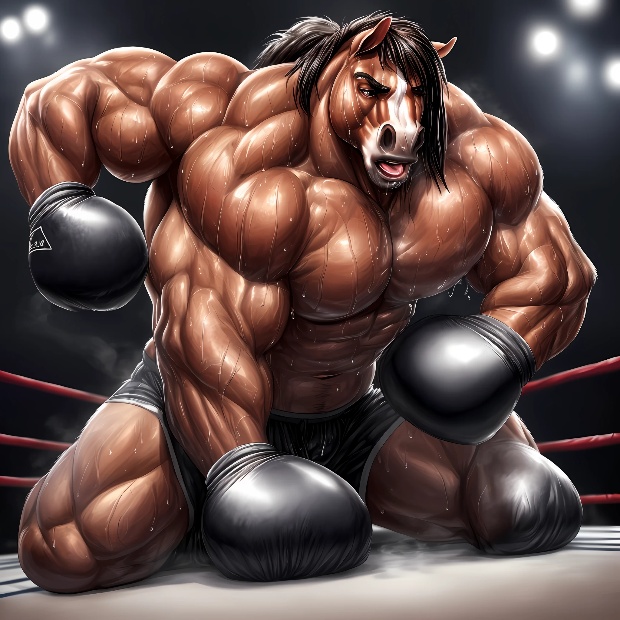 (extremely detailed and realistic masterpiece of an) ((male anthro horse)) with (massive muscles) and (athletic build), featuring (correct anatomy) and (detailed sweat droplets) glistening and emphasized, (collapsed and bent down) with an (exhausted and panting steamy breath). He's wearing (boxing gloves) and (shorts), kneeling alone in the (boxing ring) showcasing his (hard work and dedication).