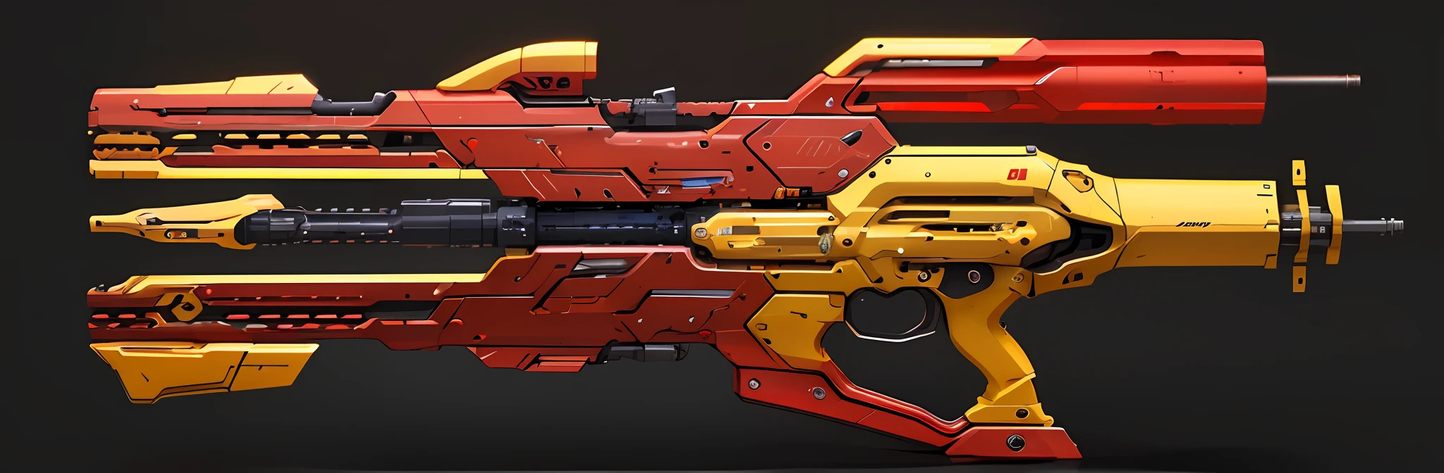 a close up of a red and yellow model of a gun, weapon design, futuristic weapon shotgun, weapon concept art, sci - fi weapon, weapons concept art, gauss rifle, energy rifle, futuristic gun, futuristic weapon, weaponry concept designs, hyper detailed ultra sharp, hard surface concept art, futuristic assault rifle, pulse rifles, high detail concept art