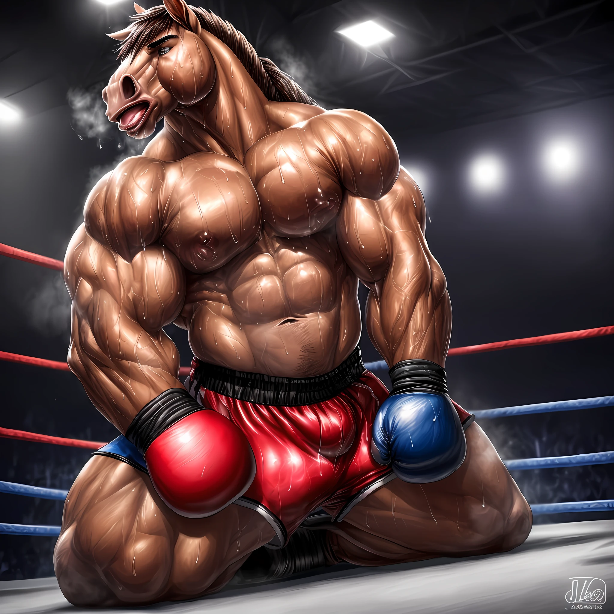 (extremely detailed and realistic masterpiece of an) ((male anthro horse)) with (massive muscles) and (athletic build), featuring (correct anatomy) and (detailed sweat droplets) glistening and emphasized, (collapsed and bent down) with an (exhausted and panting steamy breath). He's wearing (boxing gloves) and (shorts), kneeling alone in the (boxing ring) showcasing his (hard work and dedication).