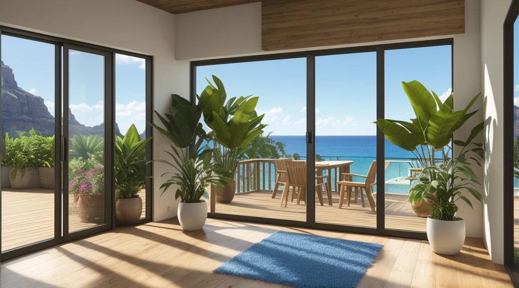 (masterpiece), (high quality), best quality, real, (realistic), super detailed, (full detail), (4k), 8k, no humans, scenery, window, reflective floor, plant, sunlight, indoors, day, reflection, door, sky, watermark, potted plant, blue sky, wooden floor