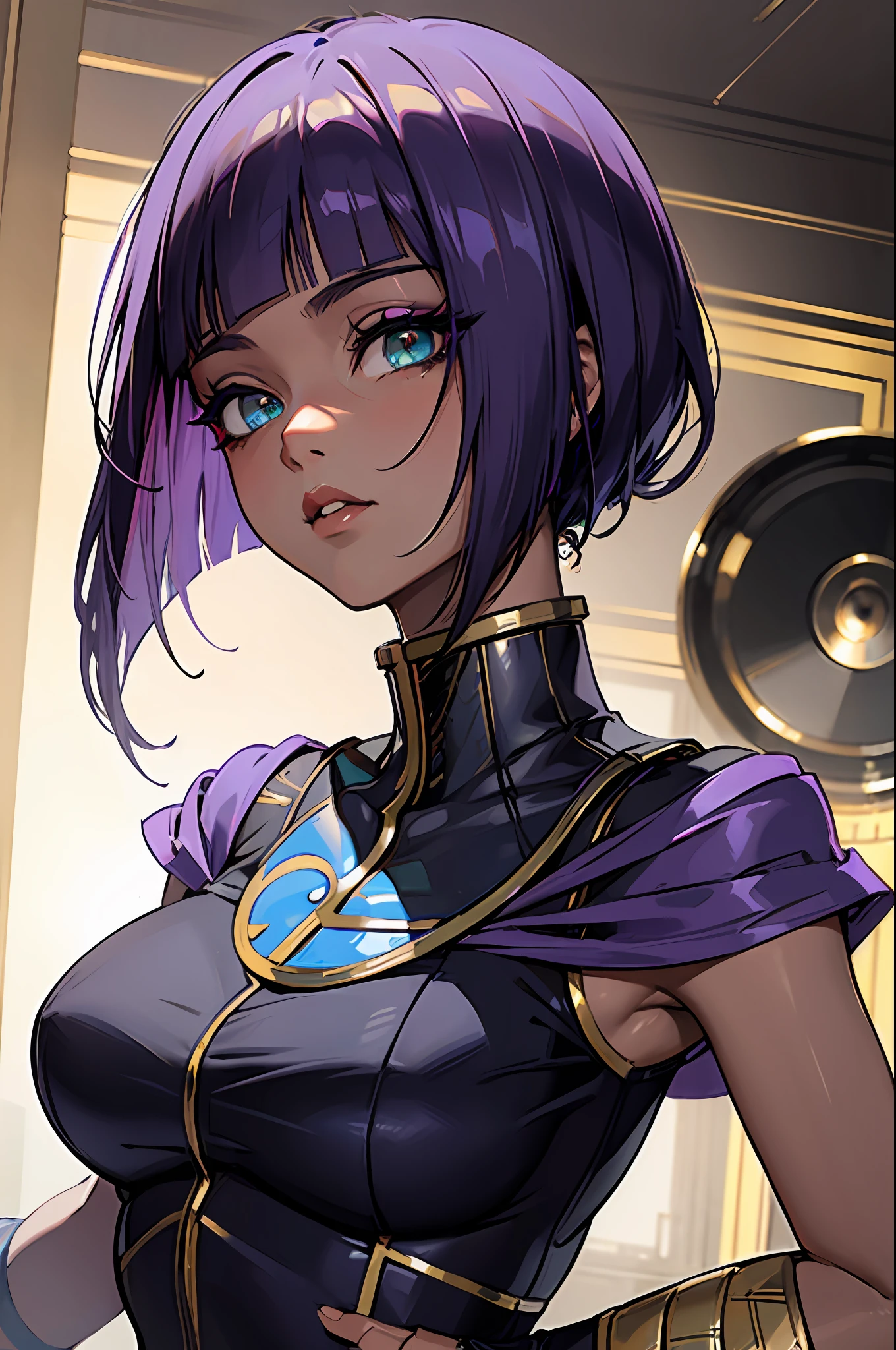 menat, sfv, (masterpiece, best quality:1.2), photorealistic, sophisticated, 1girl, upper body, delicate face, detailed eyes, sharp pupils, realistic pupils, facelight, black skin, real skin, firm skin, ultra detailed, depth of field, bokeh, bluish green eyes