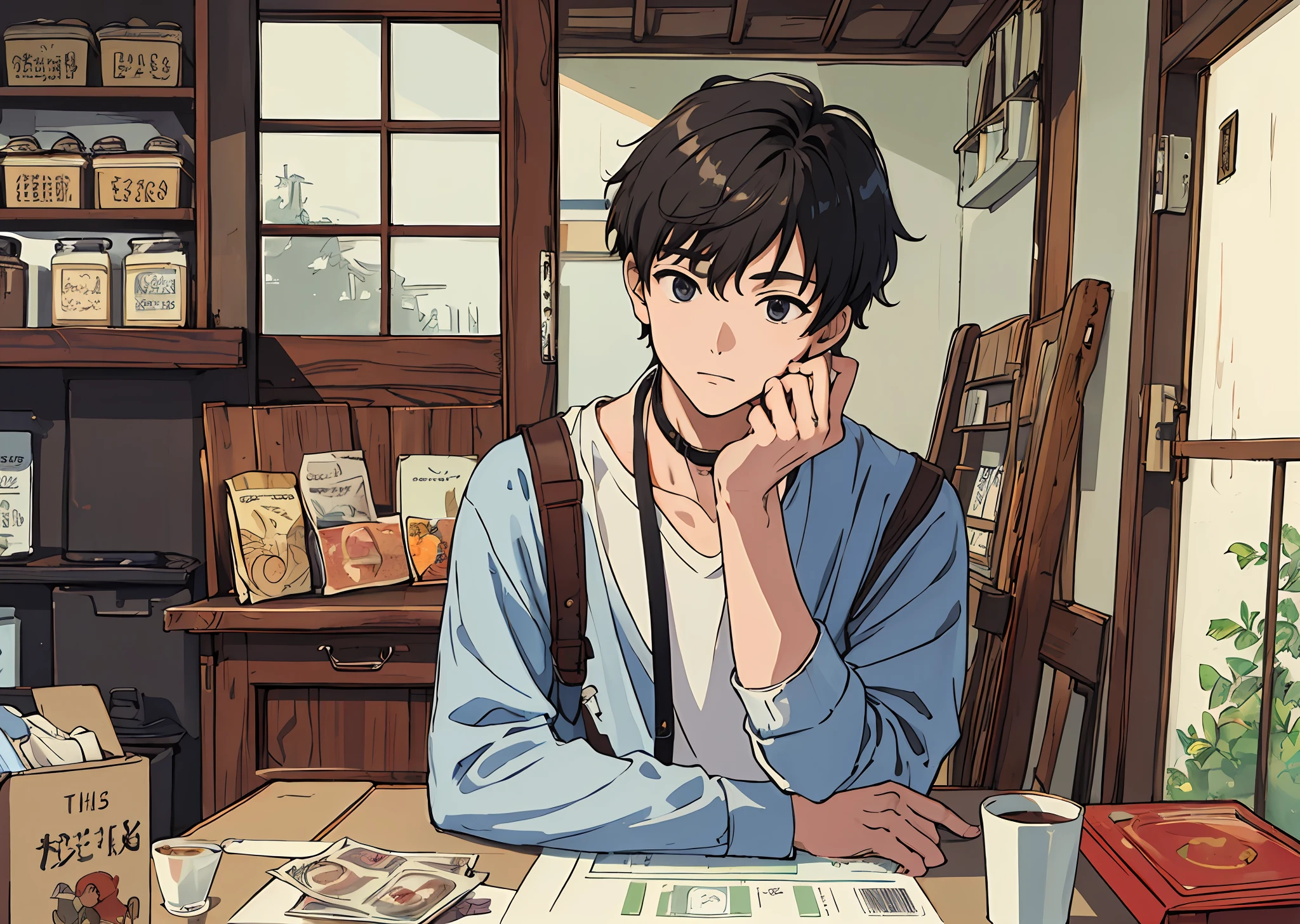 (Masterpiece, the best quality), a boy, put a bag of money on the table