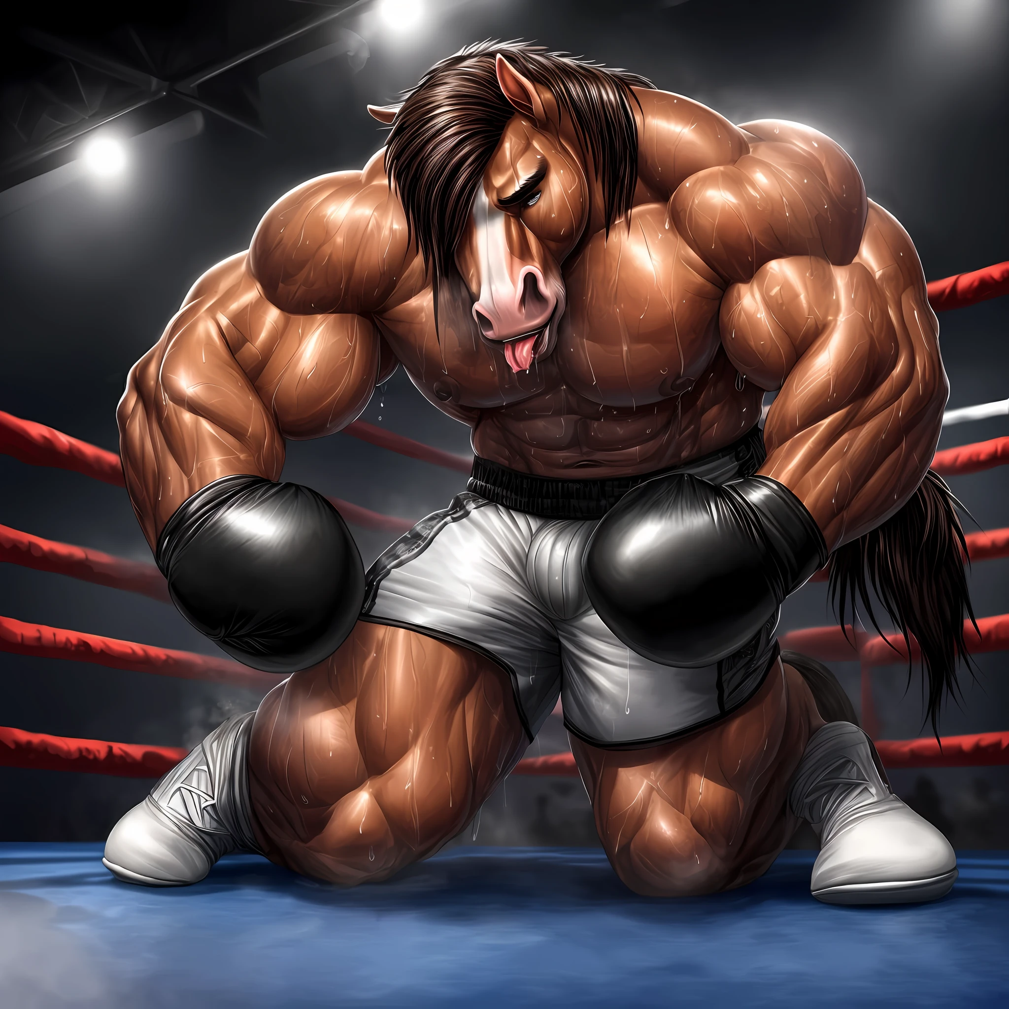 (extremely detailed and realistic masterpiece of an) ((male anthro horse)) with (massive muscles) and (athletic build), featuring (correct anatomy) and (detailed sweat droplets) glistening and emphasized, (collapsed and bent down) with an (exhausted and panting steamy breath). He's wearing (boxing gloves) and (shorts), kneeling alone in the (boxing ring) showcasing his (hard work and dedication).