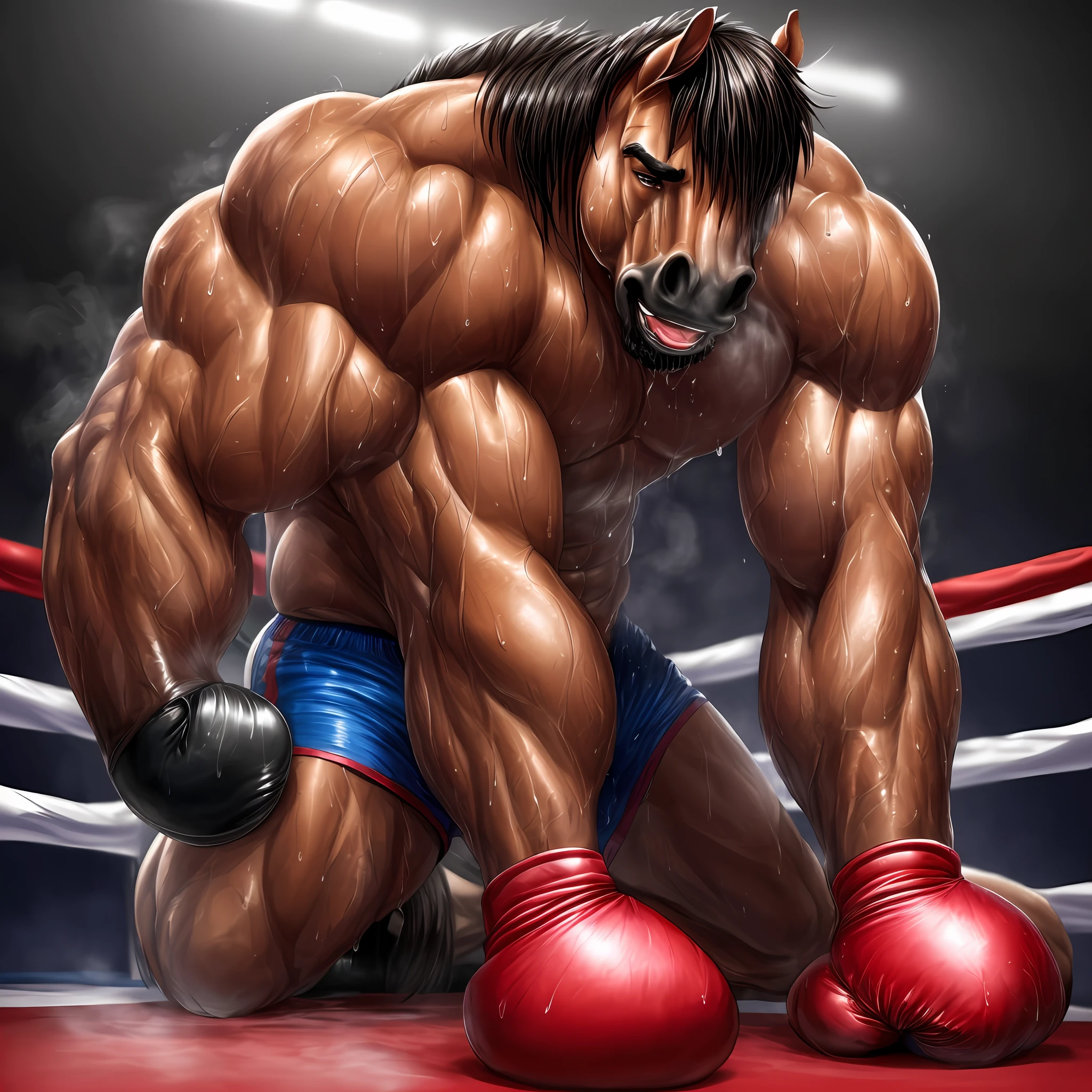 (extremely detailed and realistic masterpiece of an) ((male anthro horse)) with (massive muscles) and (athletic build), featuring (correct anatomy) and (detailed sweat droplets) glistening and emphasized, (collapsed and bent down) with an (exhausted and panting steamy breath). He's wearing (boxing gloves) and (shorts), kneeling alone in the (boxing ring) showcasing his (hard work and dedication).