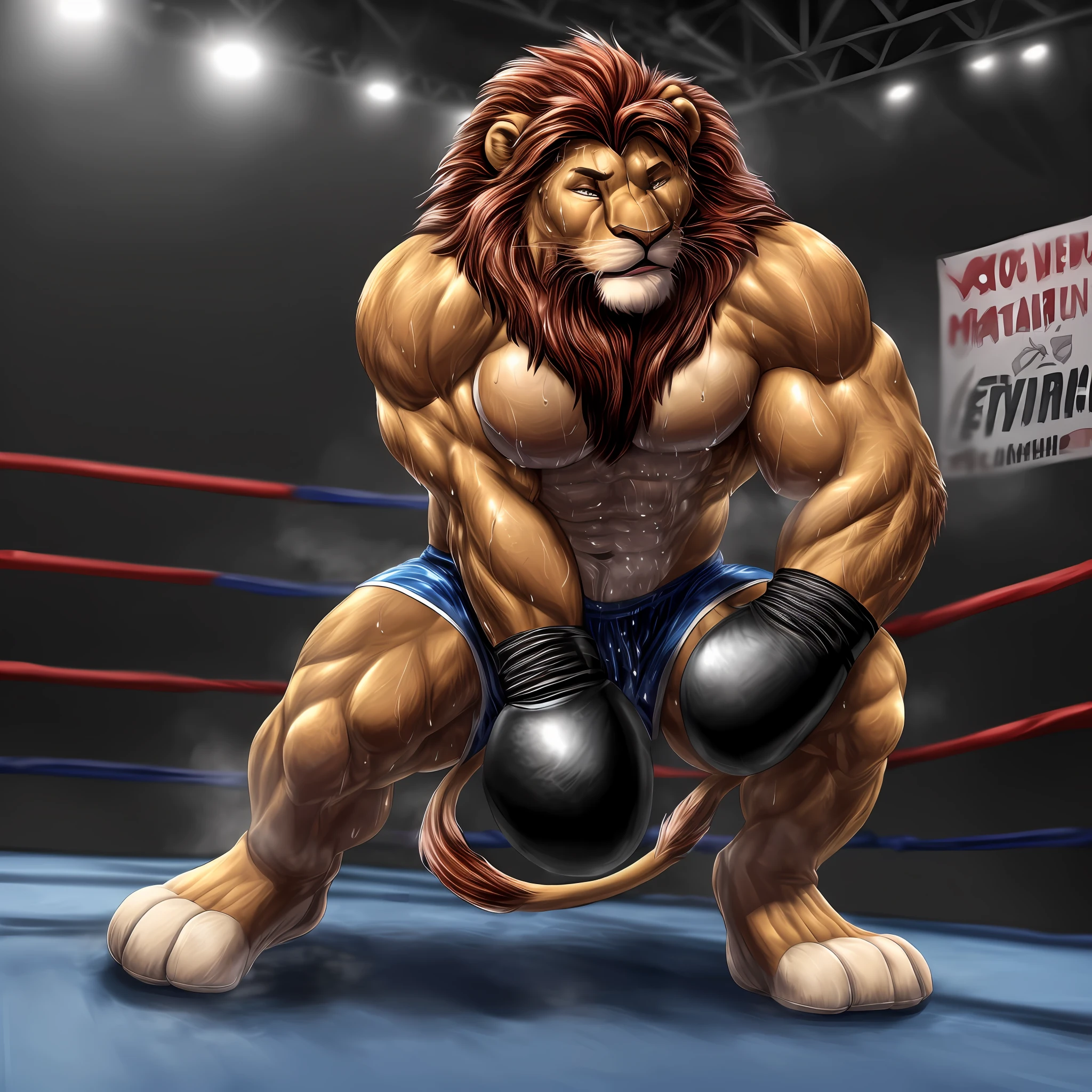 (extremely detailed and realistic masterpiece of an) ((male anthro lion)) with (muscles) and (athletic build), featuring (correct anatomy) and (detailed sweat droplets) glistening and emphasized, (collapsed and bent down) with an (exhausted and panting steamy breath). He's wearing (boxing gloves) and (shorts), kneeling alone in the (boxing ring) showcasing his (hard work and dedication).
