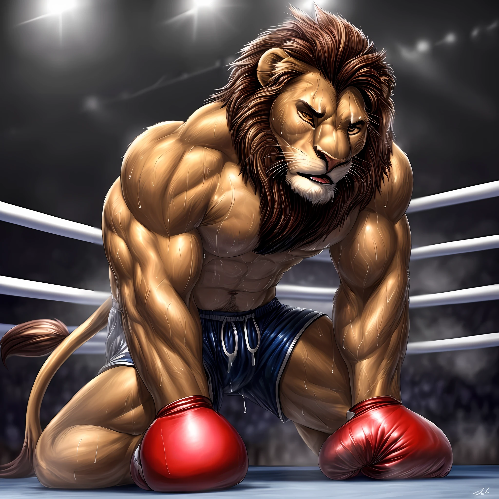 (extremely detailed and realistic masterpiece of an) ((male anthro lion)) with (muscles) and (athletic build), featuring (correct anatomy) and (detailed sweat droplets) glistening and emphasized, (collapsed and bent down) with an (exhausted and panting steamy breath). He's wearing (boxing gloves) and (shorts), kneeling alone in the (boxing ring) showcasing his (hard work and dedication).