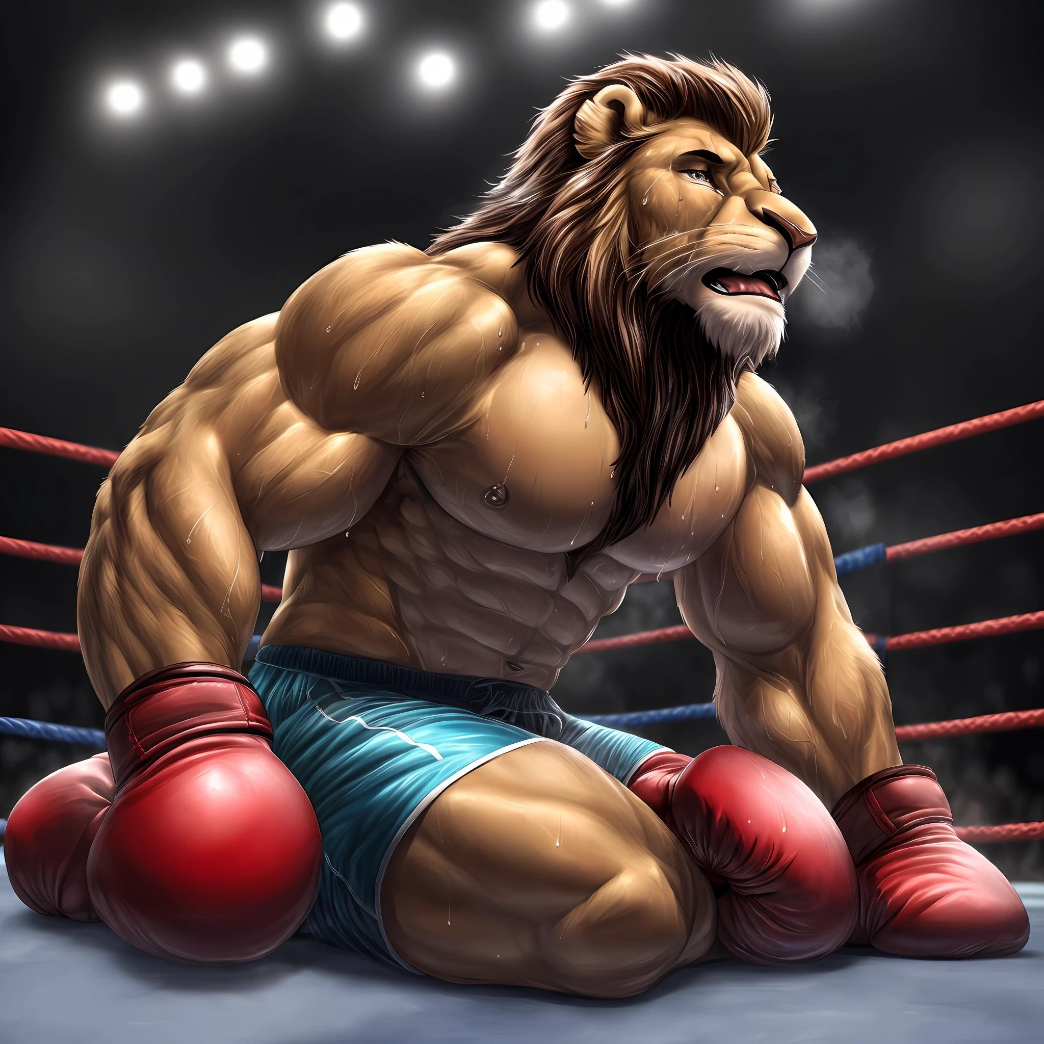 (extremely detailed and realistic masterpiece of an) ((male anthro lion)) with (muscles) and (athletic build), featuring (correct anatomy) and (detailed sweat droplets) glistening and emphasized, (collapsed and bent down) with an (exhausted and panting steamy breath). He's wearing (boxing gloves) and (shorts), kneeling alone in the (boxing ring) showcasing his (hard work and dedication).