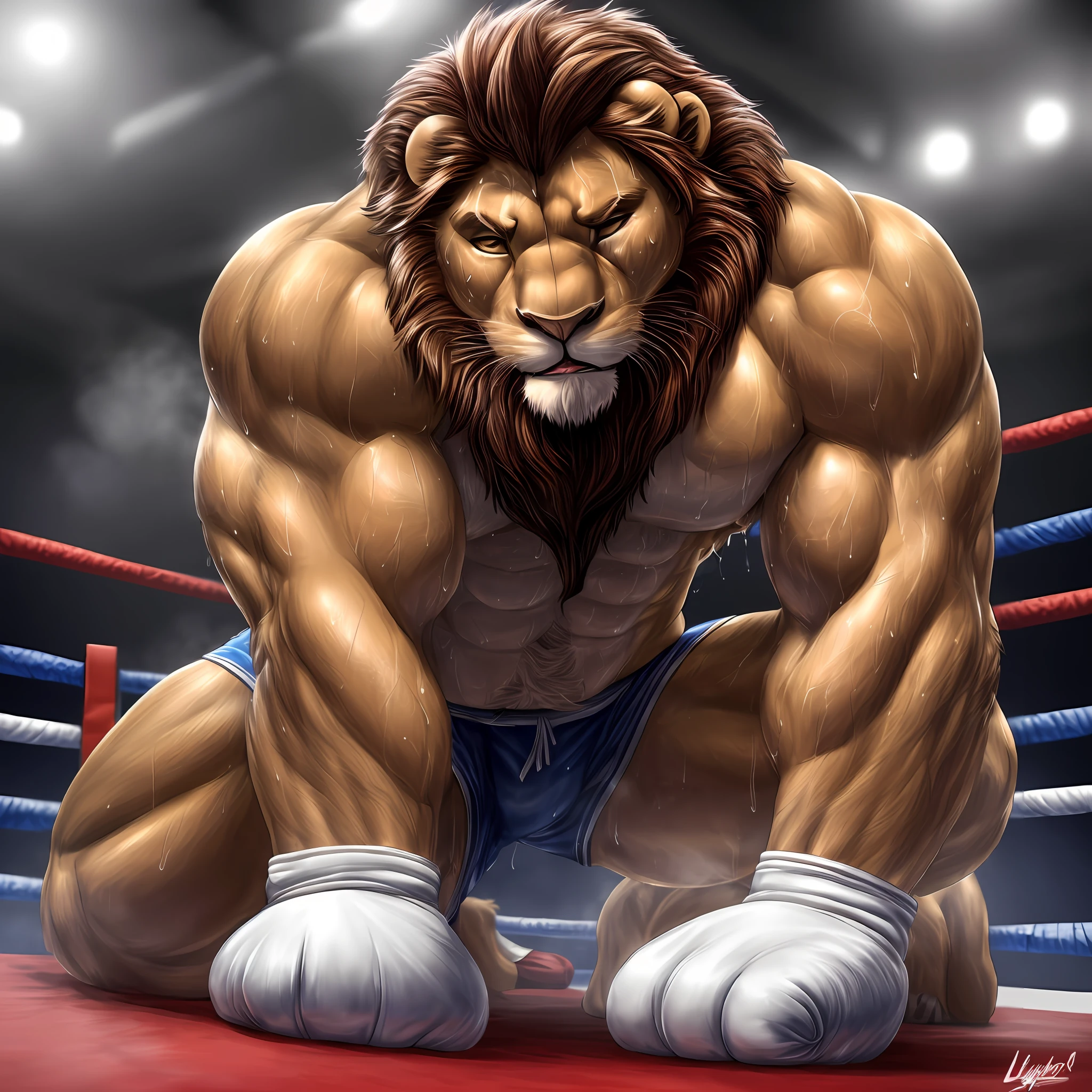 (extremely detailed and realistic masterpiece of an) ((male anthro lion)) with (muscles) and (athletic build), featuring (correct anatomy) and (detailed sweat droplets) glistening and emphasized, (collapsed and bent down) with an (exhausted and panting steamy breath). He's wearing (boxing gloves) and (shorts), kneeling alone in the (boxing ring) showcasing his (hard work and dedication).