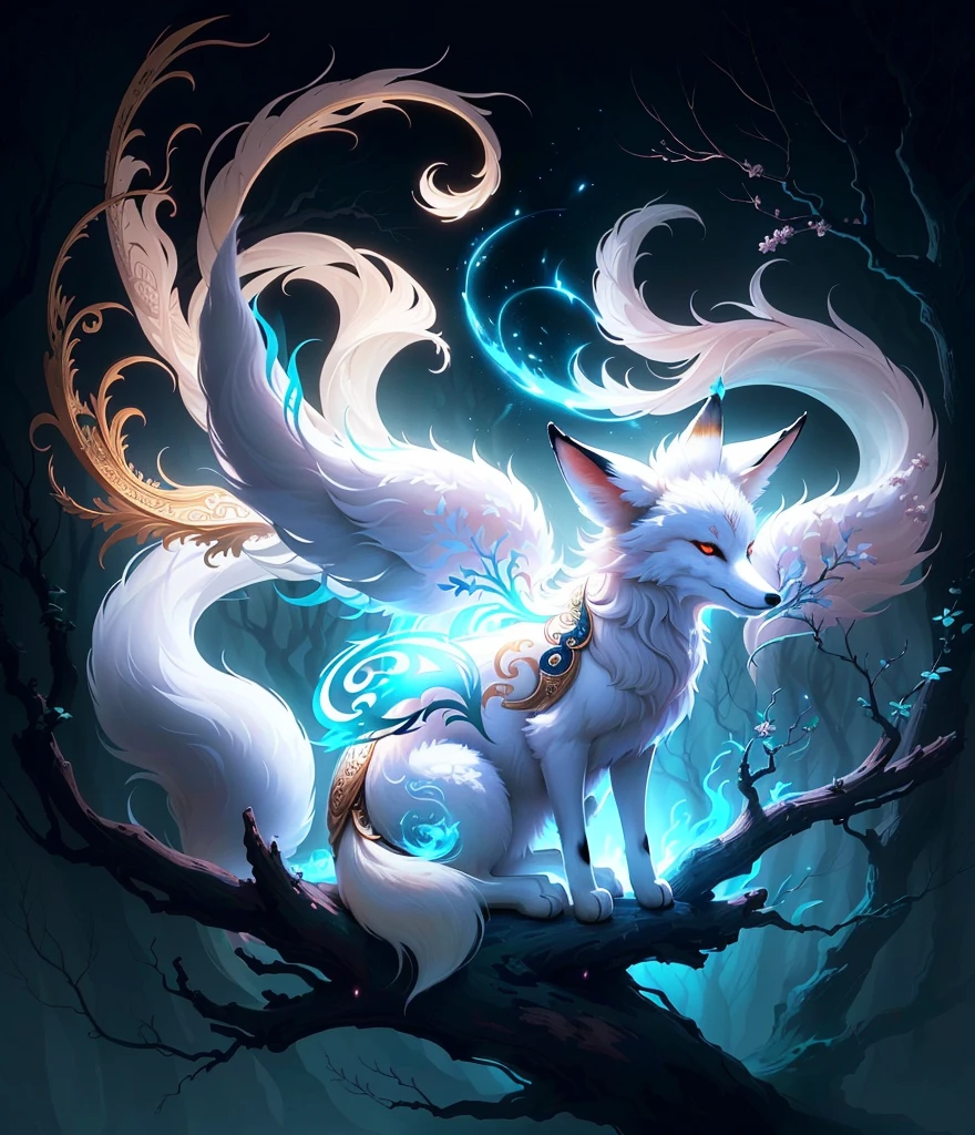 Drawing of a fox with white hair sitting on a branch, ethereal fox, nine-tailed fox, fox three-tailed fox, onmyoji detailed art, nine-tailed, beautiful artwork illustration, mythological creature, fox, beautiful Digital artwork, exquisite digital illustrations, mizutsune, inspired by mythical creatures Wildnet, digital art on pixiv, strong light, high contrast, horror movie theme, dark atmosphere