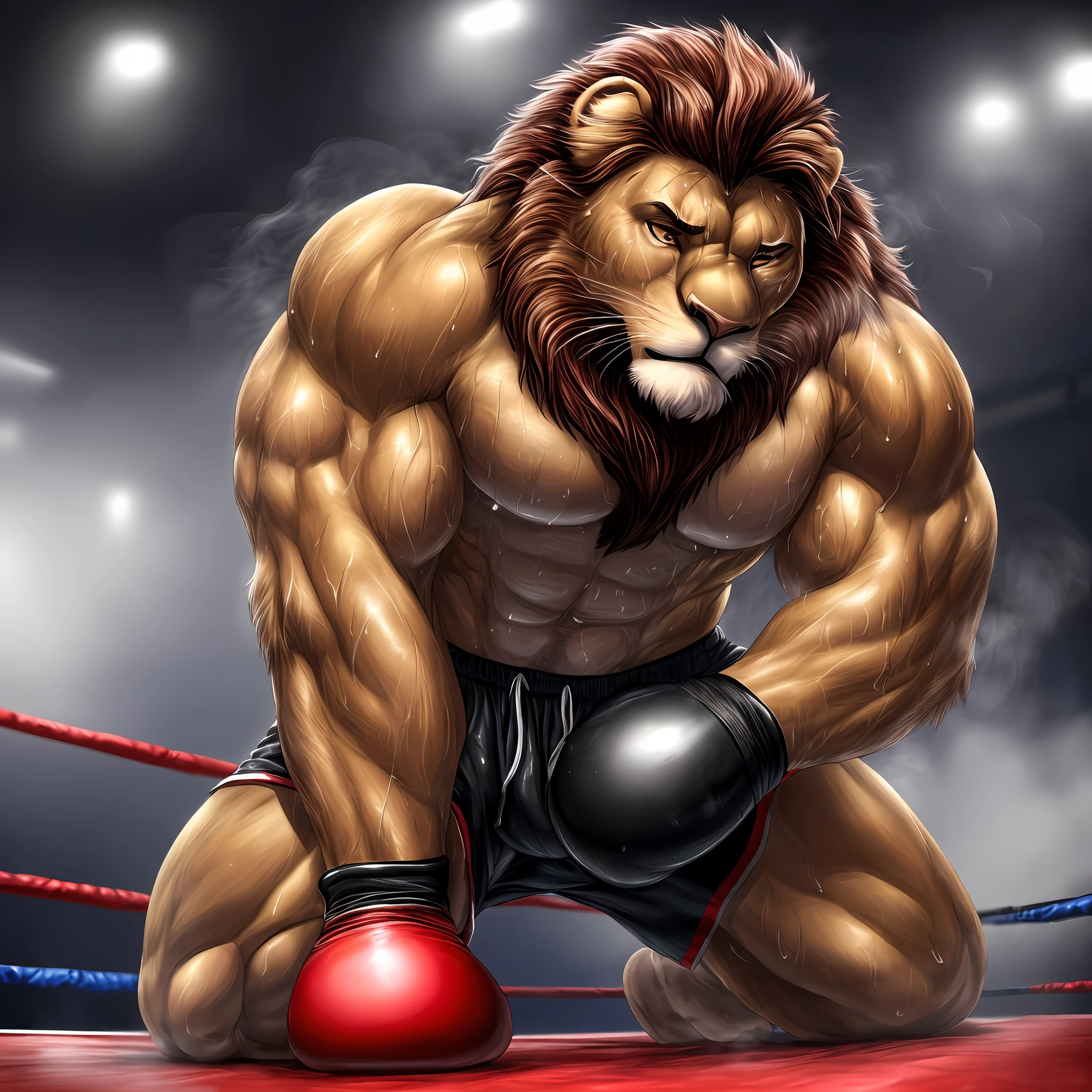 (extremely detailed and realistic masterpiece of an) ((male anthro lion)) with (muscles) and (athletic build), featuring (correct anatomy) and (detailed sweat droplets) glistening and emphasized, (collapsed and bent down) with an (exhausted and panting steamy breath). He's wearing (boxing gloves) and (shorts), kneeling alone in the (boxing ring) showcasing his (hard work and dedication).