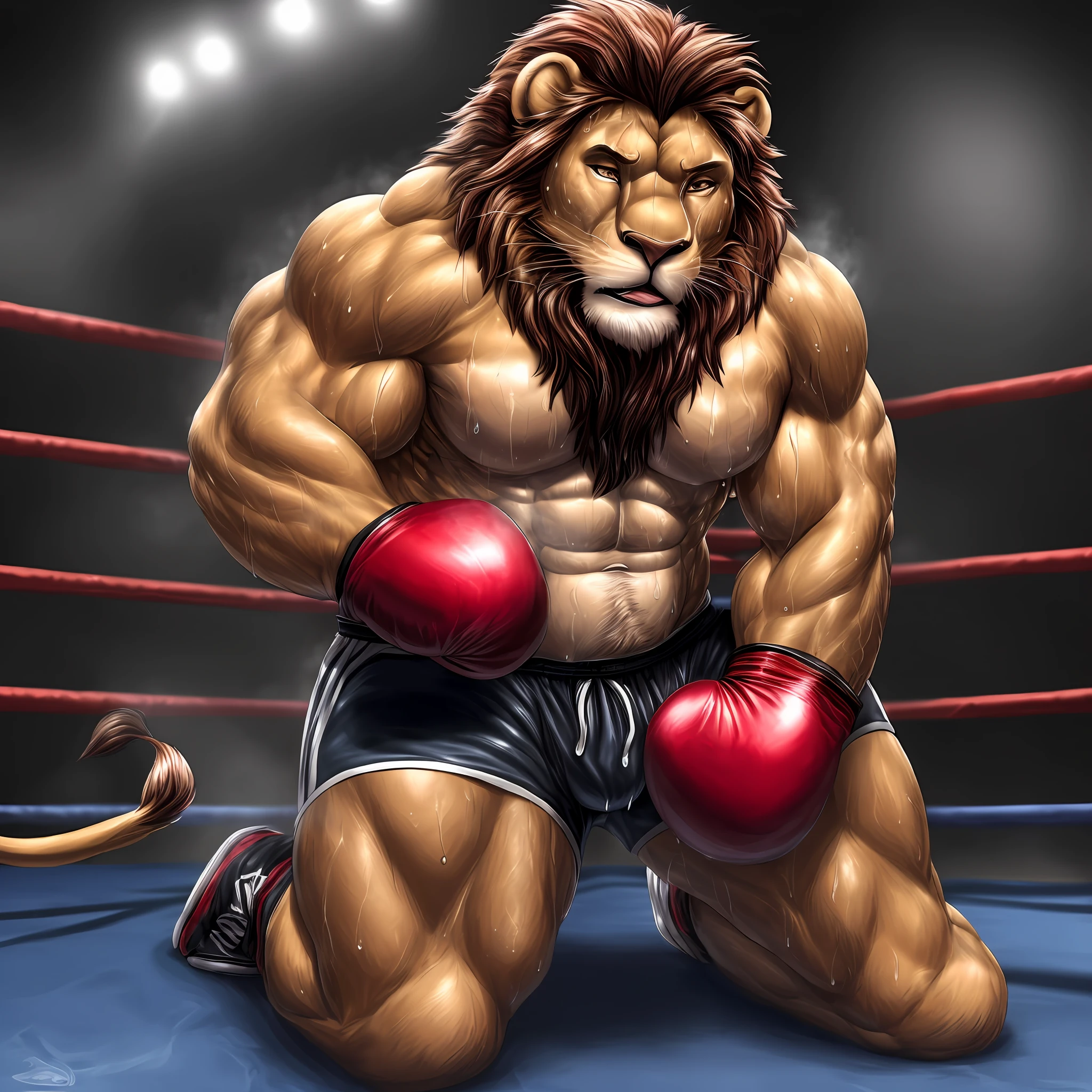 (extremely detailed and realistic masterpiece of an) ((male anthro lion)) with (muscles) and (athletic build), featuring (correct anatomy) and (detailed sweat droplets) glistening and emphasized, (collapsed and bent down) with an (exhausted and panting steamy breath). He's wearing (boxing gloves) and (shorts), kneeling alone in the (boxing ring) showcasing his (hard work and dedication).