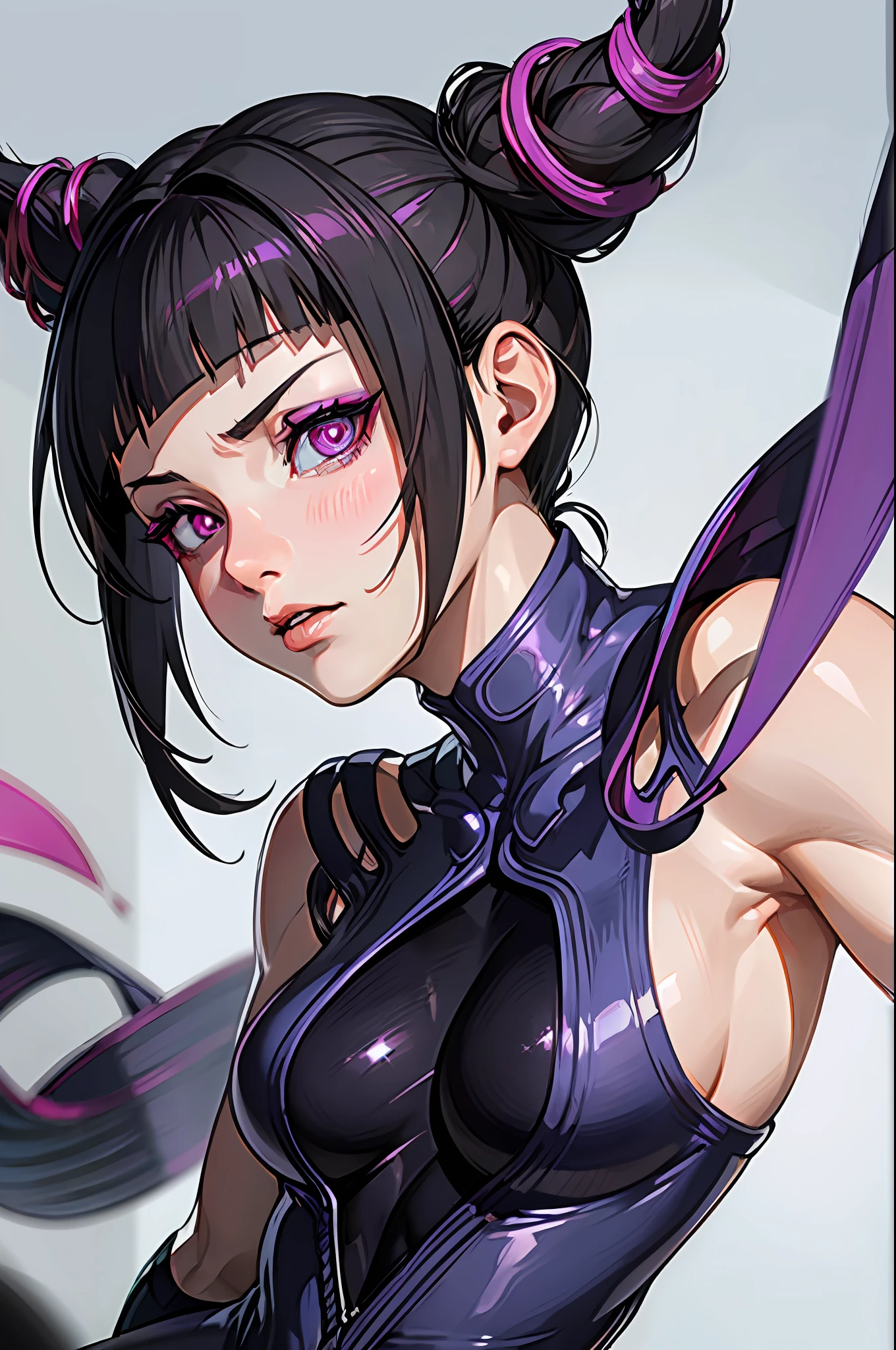 juri, sfv, (masterpiece, best quality:1.2), photorealistic, sophisticated, 1girl, upper body, sharp focus, delicate face, detailed eyes, sharp pupils, realistic pupils, facelight, real skin, firm skin, ultra detailed, depth of field, black and pink hair