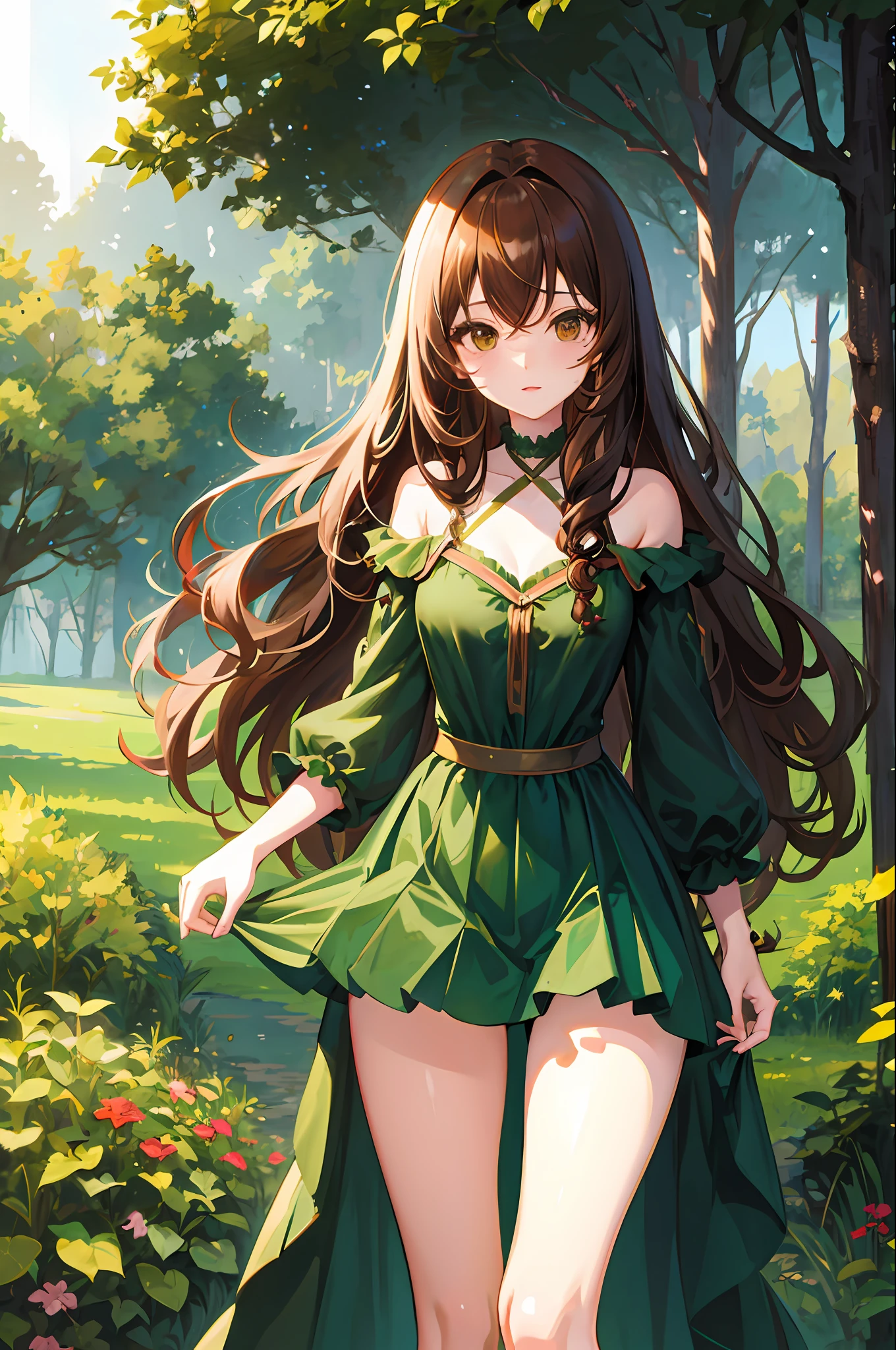 Tall, slim, anime, girl, anime girl, one girl, brown hair, long hair, curly hair, brown long hair, brown curly hair, long curly hair, dress, green dress, forest, best quality, best rendering