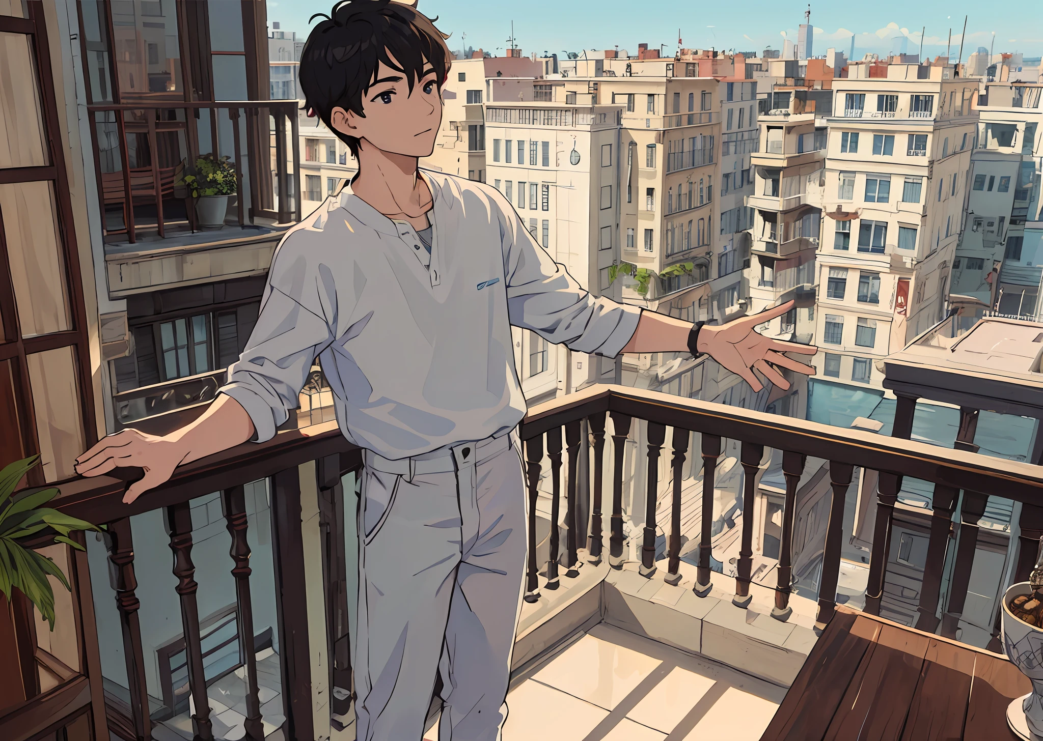 (Masterpiece, the best quality), a boy, standing on the balcony