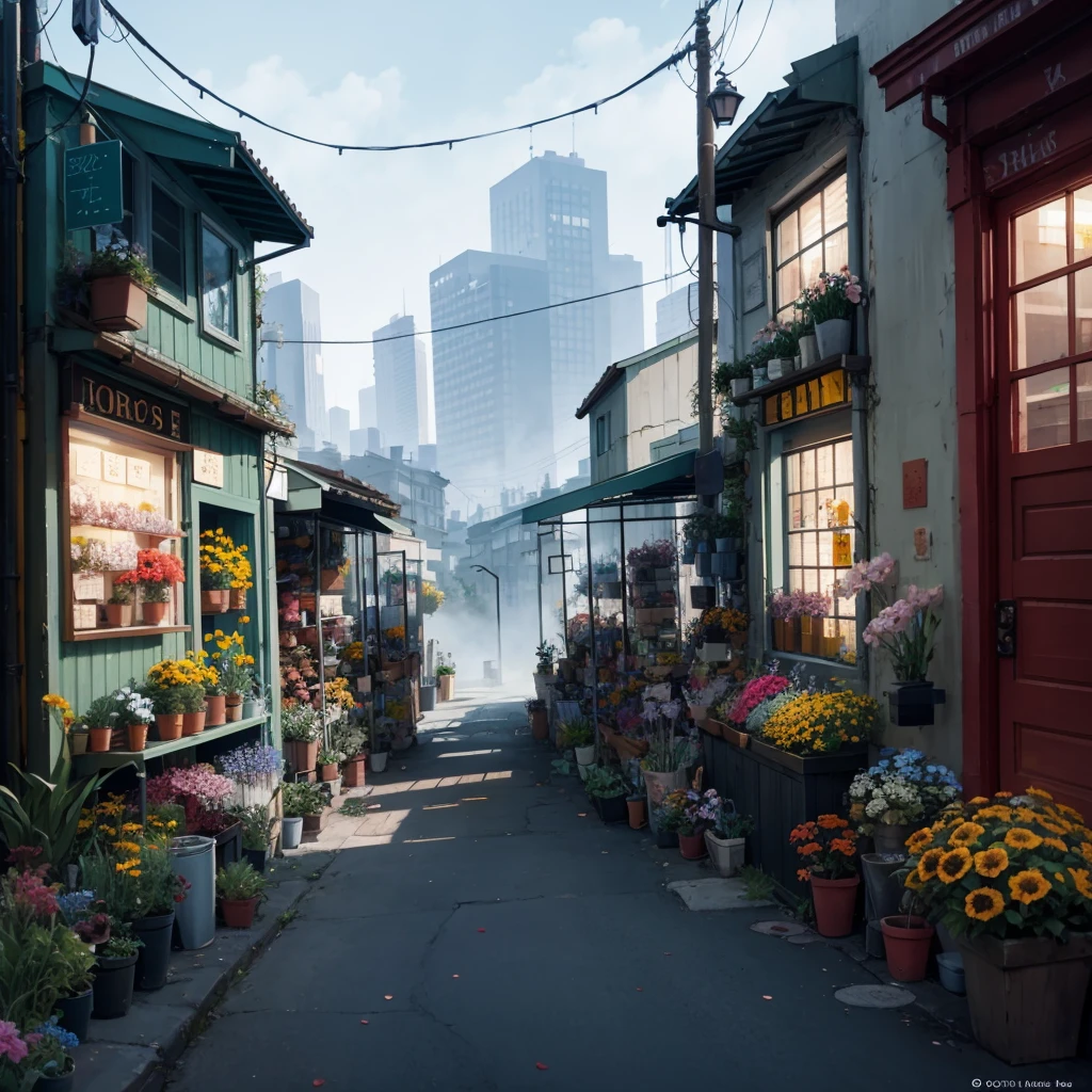 A bright city alleyway flower shop