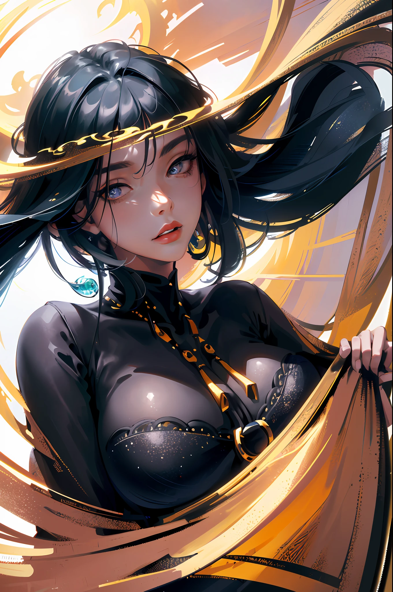 ((Masterwork, side light)|(big scene, side light, close-up of the character's head))+(ultra-fine, ultra-high resolution)|(ultra-high-definition))+((beautiful girl, overhead shot), deep eyes: 1.2)+(black gold theme, advanced sense)