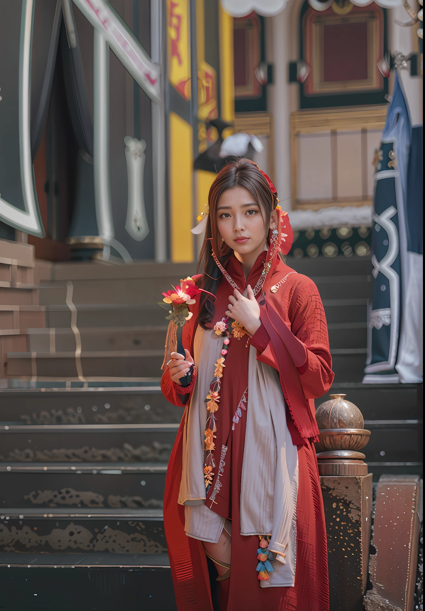 araffe woman in red dress standing on steps with a flower in her hand, young himalayan woman, beautiful young himalayan woman, beautiful himalayan woman, a young woman as genghis khan, clothed in ancient street wear, a woman holding an orb, sci-fi tibetan fashion, she is dressed in shaman clothes, mahira khan as a mage, asian woman